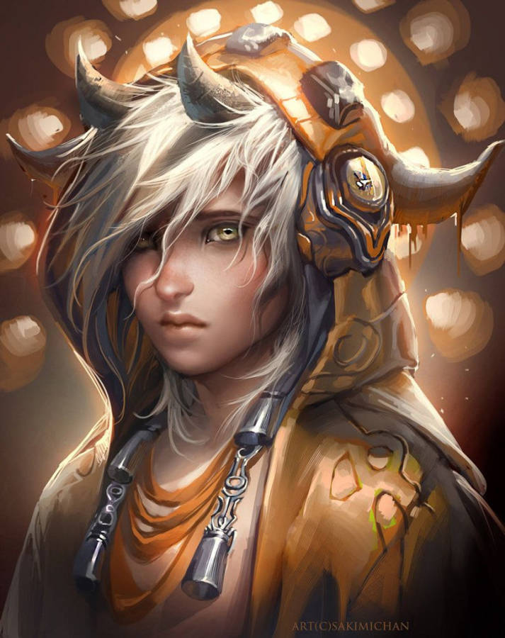 demon boy anime 桌布 壁紙 — 一位白髮、機械角的奇幻戰士，在發光的散景背景前凝視前方。