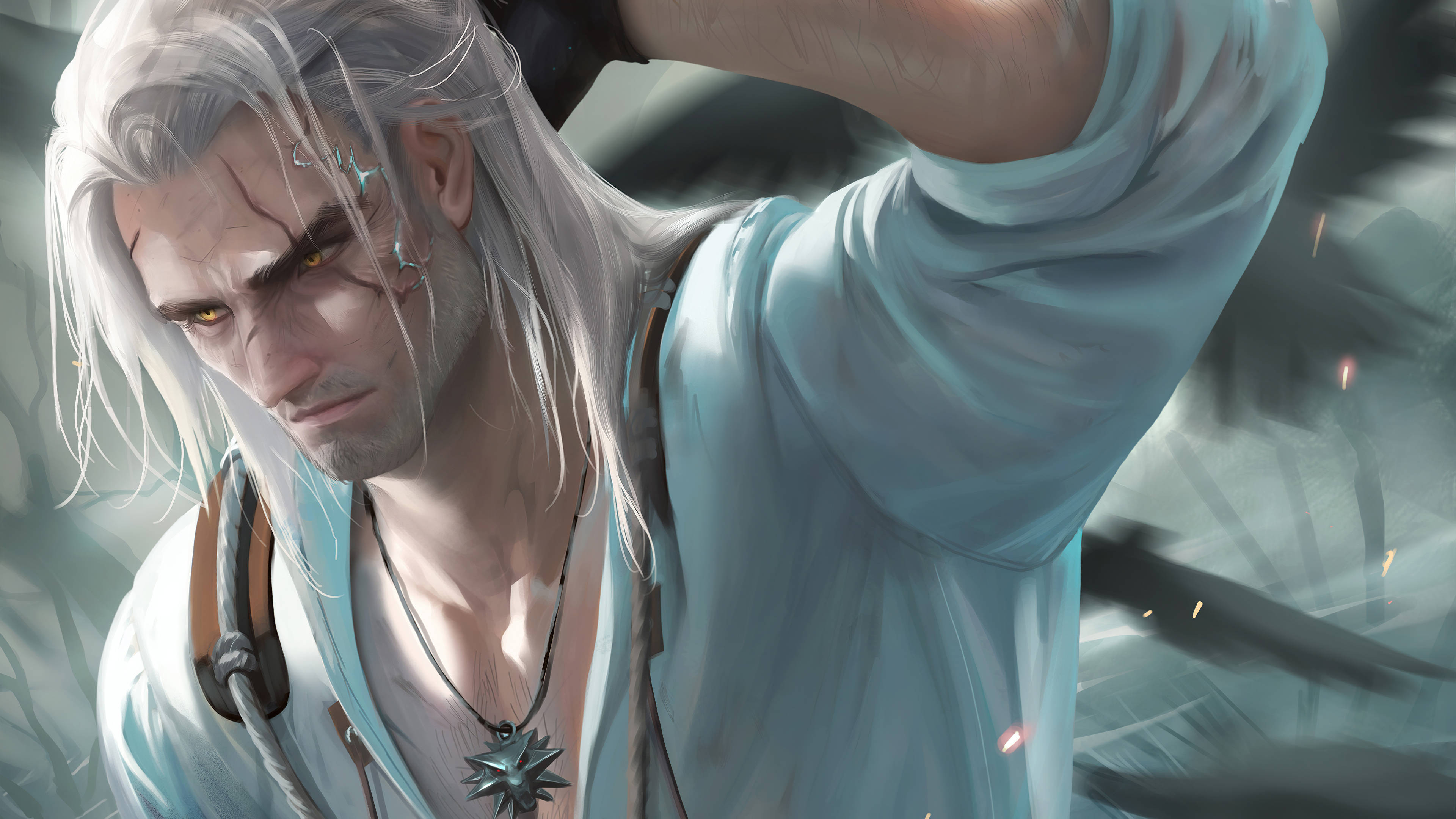 witcher 4K 桌布 壁紙 — 一位白髮、琥珀色眼睛閃耀、戴著星星吊墜的兇猛戰士，在迷霧森林中揮舞著劍，目光銳利。
