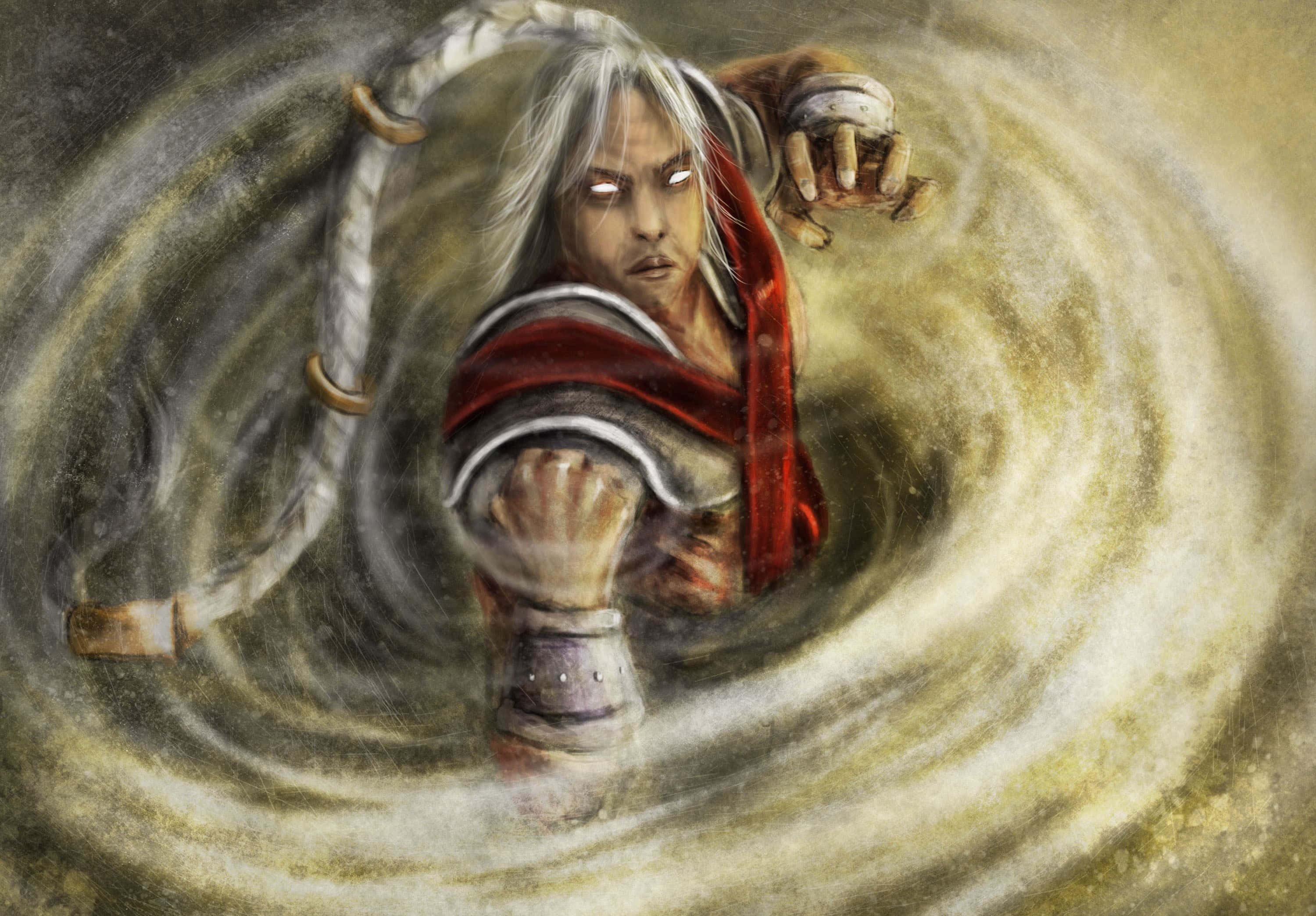 Mortal Kombat Fujin 桌布 壁紙 — 一位白髮、眼睛發光的戰士，在旋轉的金色塵埃中揮舞著彎曲的刀刃，構成一個戲劇性的奇幻場景。