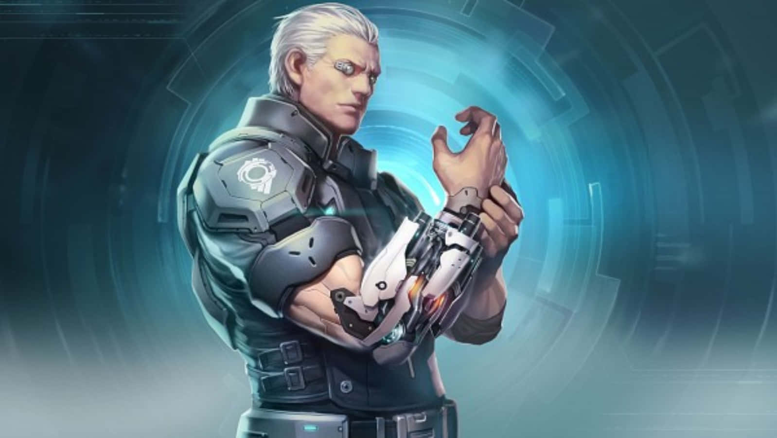 Ghost In The Shell Batou 桌布 壁紙 — 一位白髮、眼睛發光的機械戰士，在發光的藍色科技傳送門前檢查他的機械手臂。