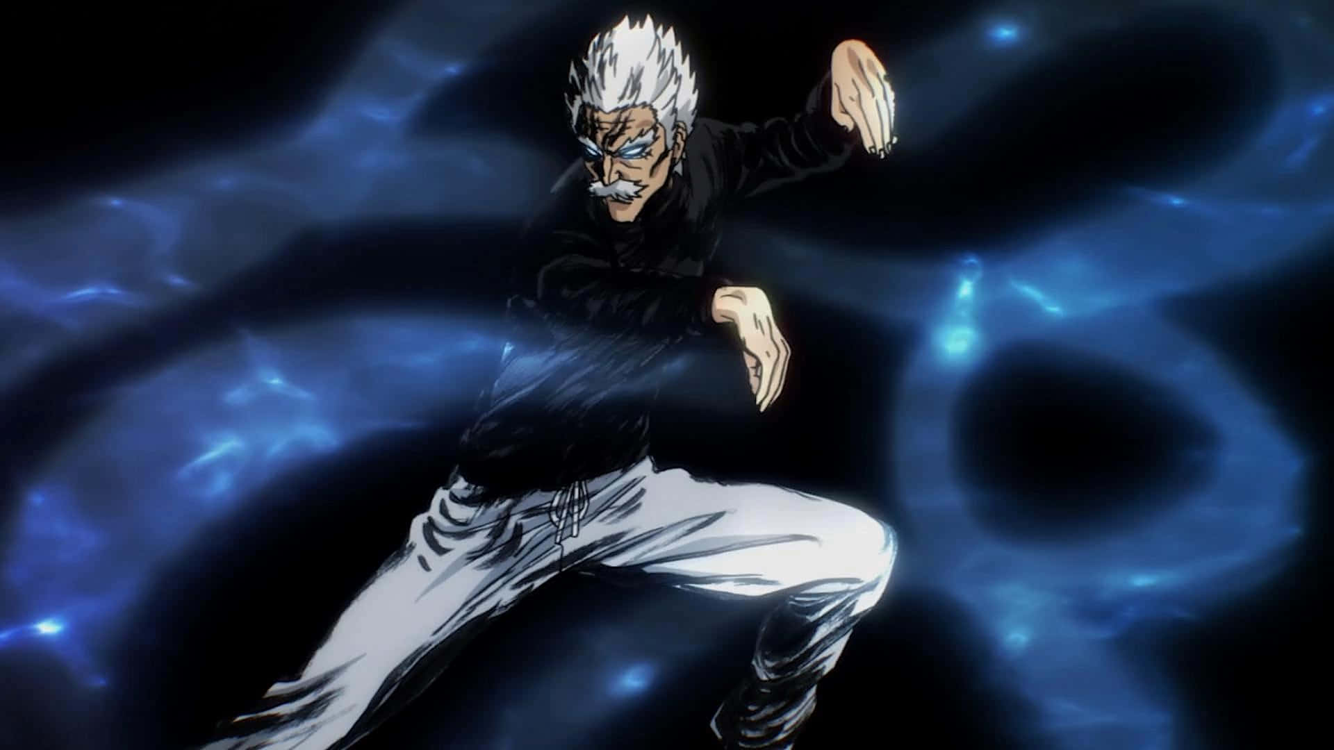 Silverfang 桌布 壁紙 — 一位白髮、藍色發光眼睛的動漫戰士，在旋轉的深藍色背景下以動態姿勢引導能量。