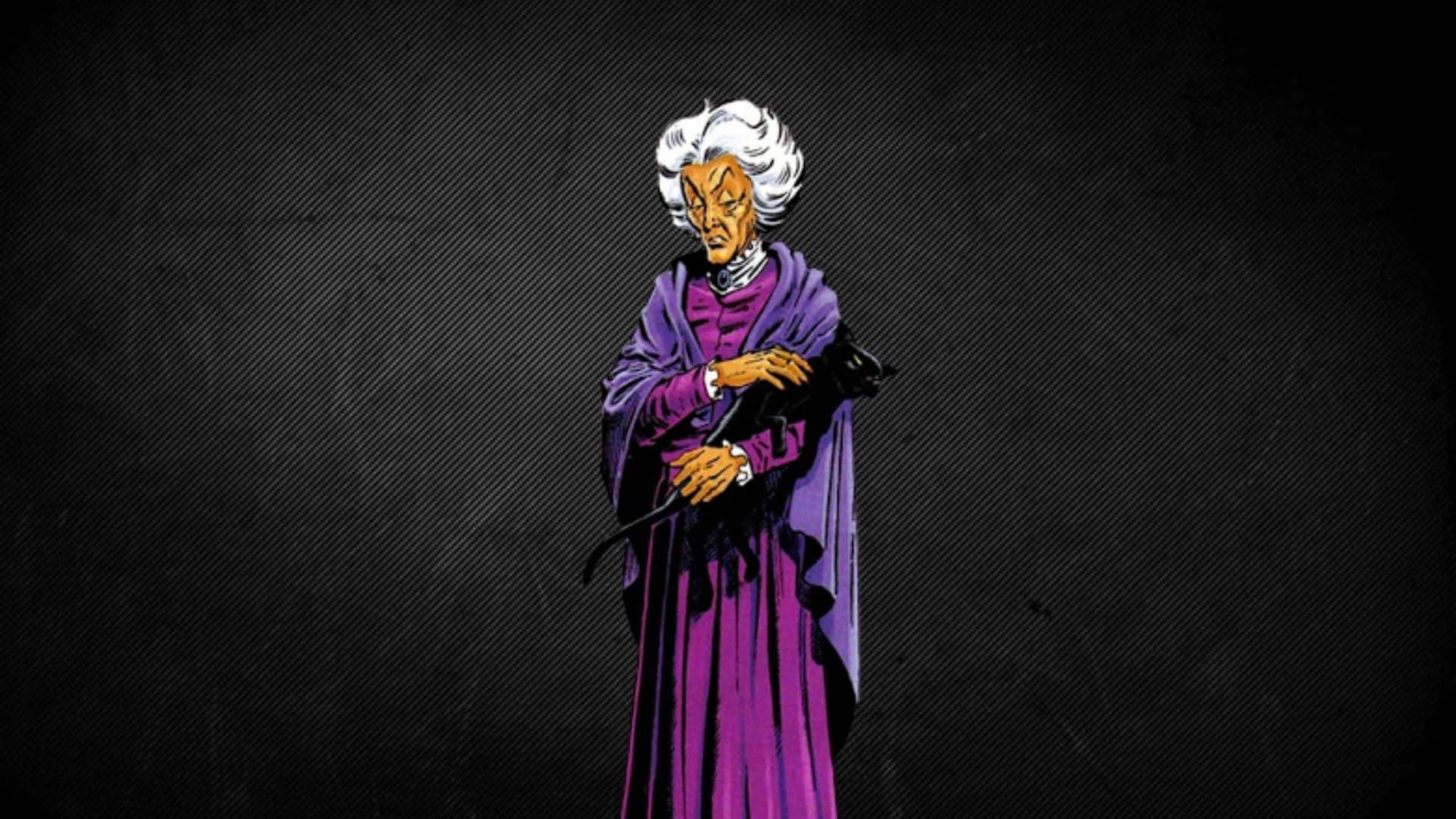 Agatha 桌布 壁紙 — 一位白髮、身穿紫色長袍的老年女性，在深色紋理背景前手持枴杖站立。