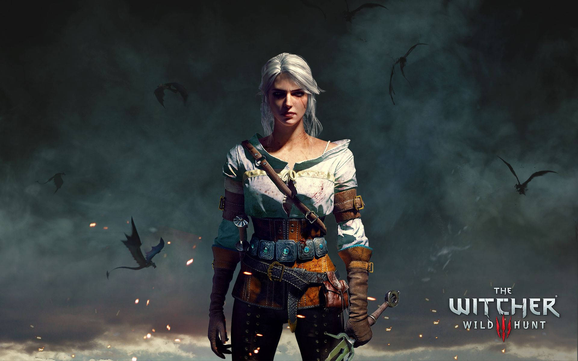 Witcher 3 桌布 壁紙 — 一位白髮、身穿華麗盔甲的兇猛獵魔人站在暴風雨的天空下，黑暗的鳥兒在她周圍飛翔。