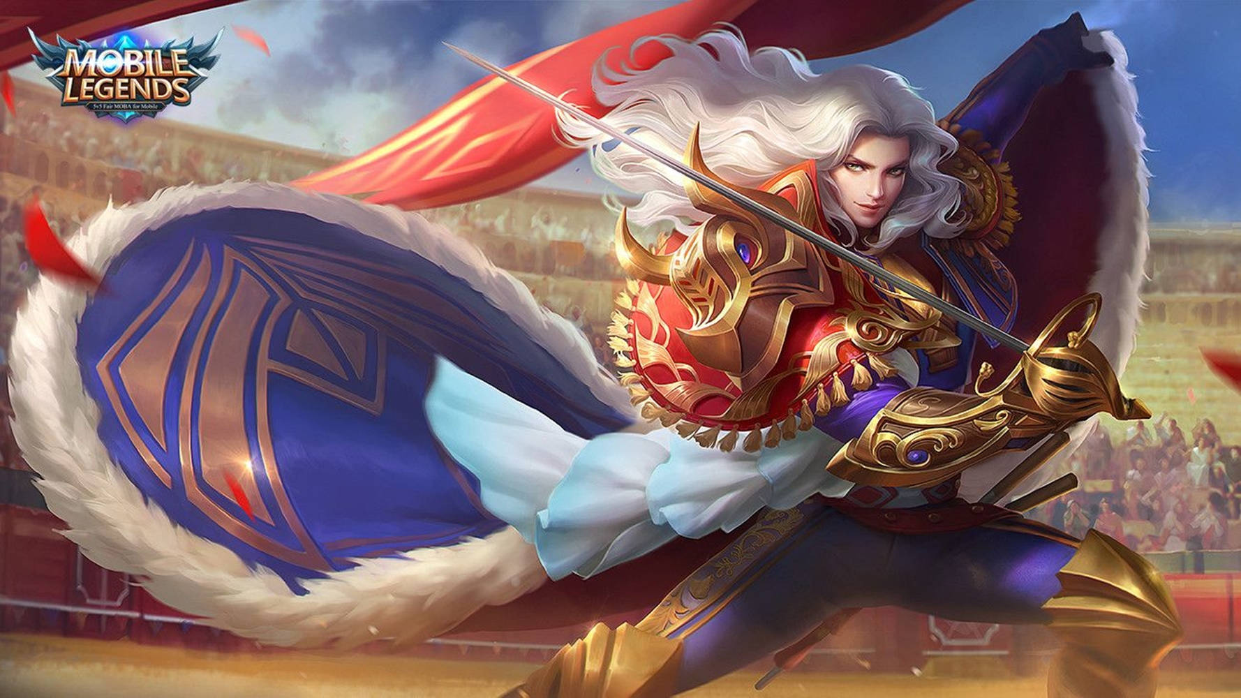 Mobile Legends 動態圖 桌布 壁紙 — 一位白髮、身穿華麗金色鎧甲的英勇戰士，在體育場背景下，手持劍和飄逸的藍色披風向前衝鋒。