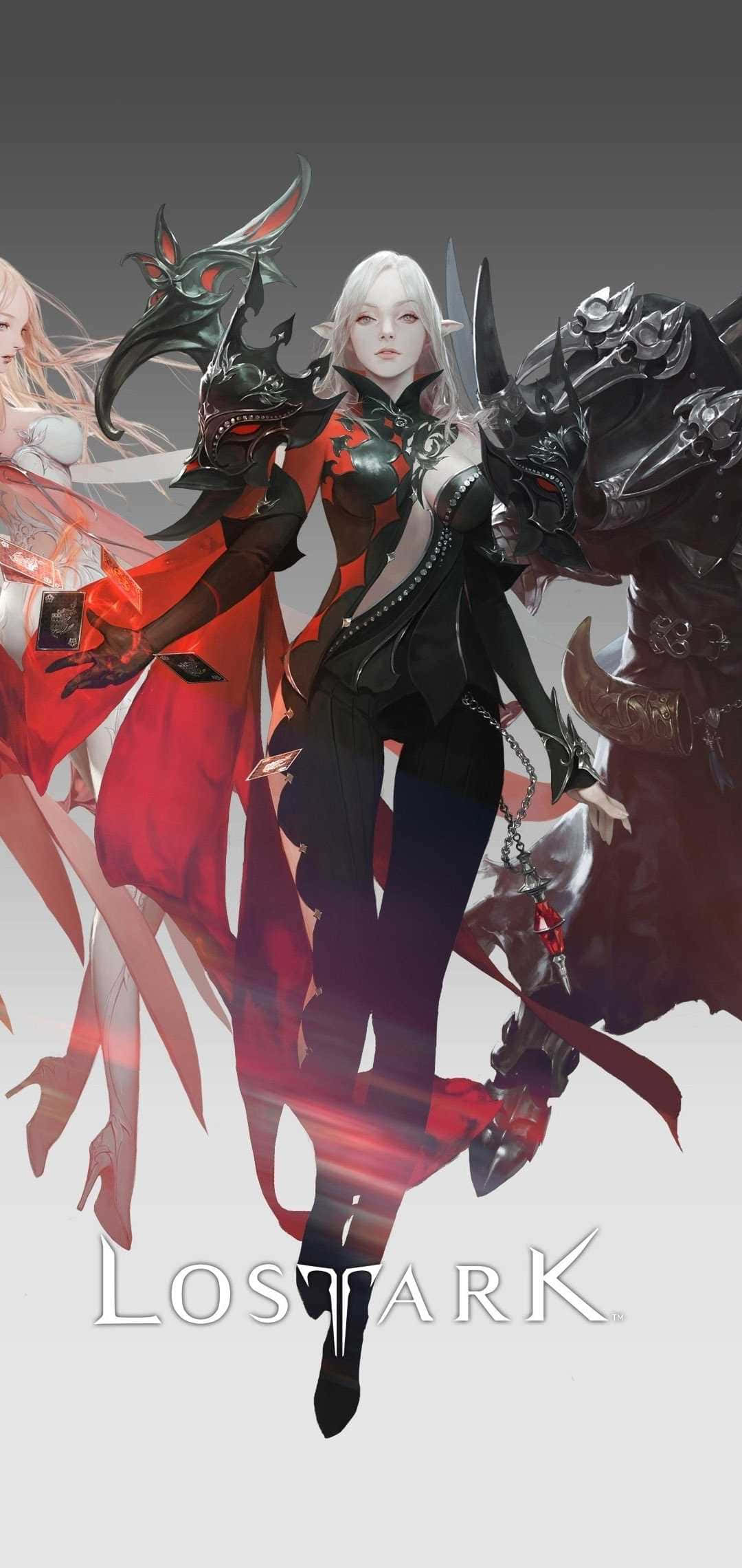 character 桌布 壁紙 — 一位白髮、身穿華麗黑色鎧甲的奇幻戰士，身旁伴隨著發光的紅色能量和一匹惡魔戰馬，蓄勢待發。
