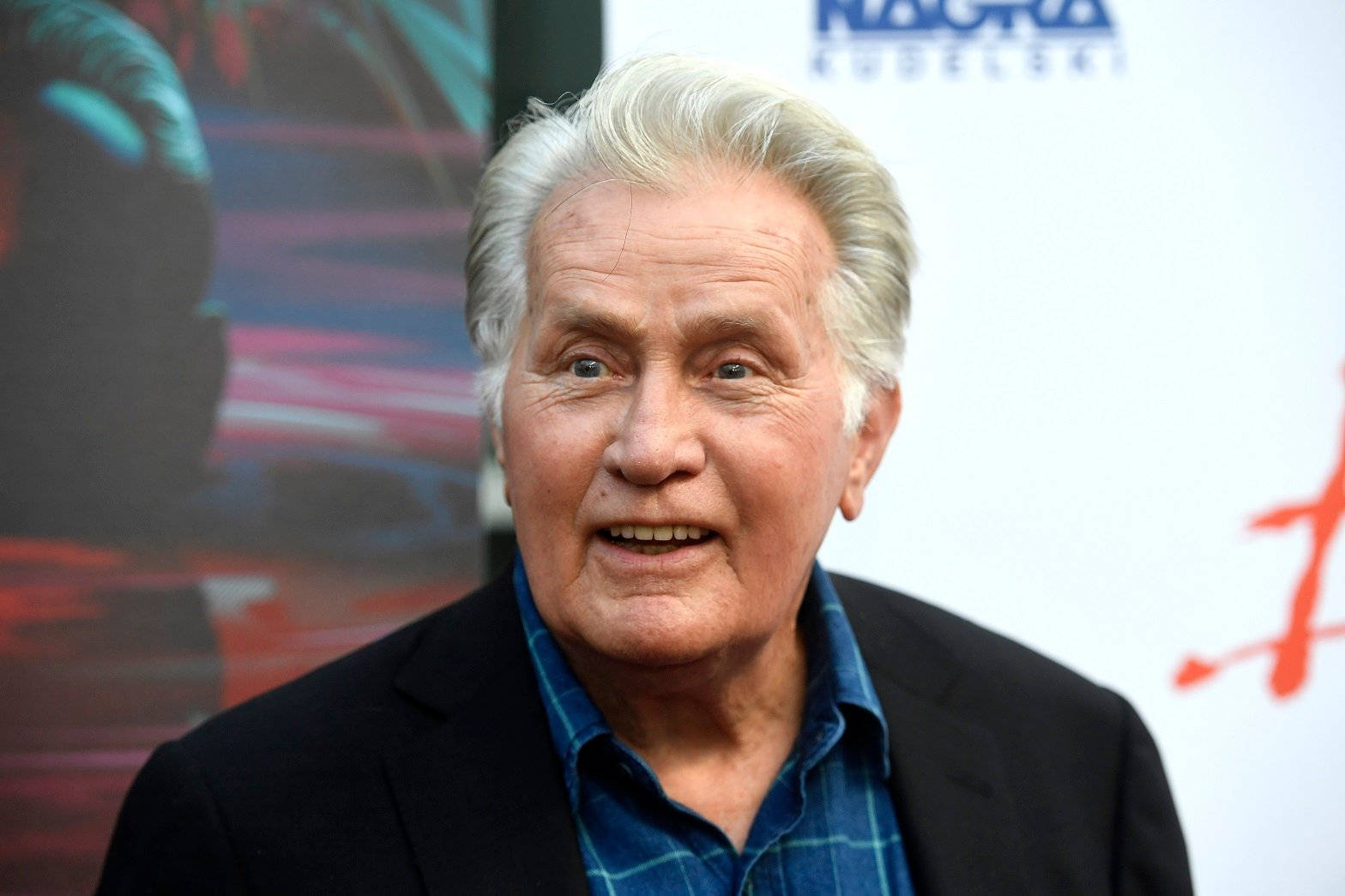actor 桌布 壁紙 — 一位白髮、身穿藍色格紋襯衫的長者，在紅毯活動上對著鏡頭微笑。