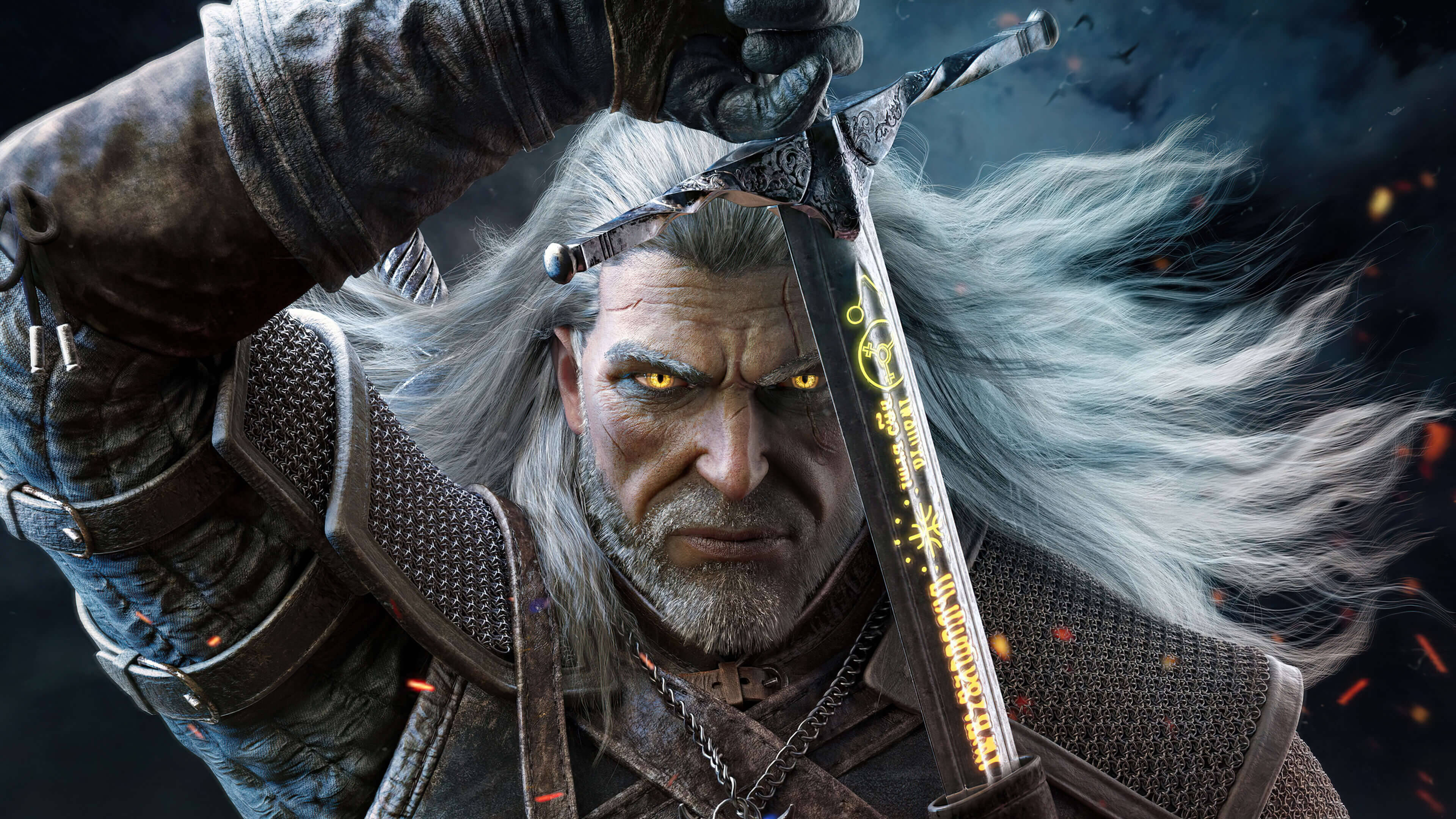 witcher 4K 桌布 壁紙 — 一位白髮兇猛戰士，擁有發光的黃色眼睛，在黑暗暴風雨背景下緊握一把發光的劍。