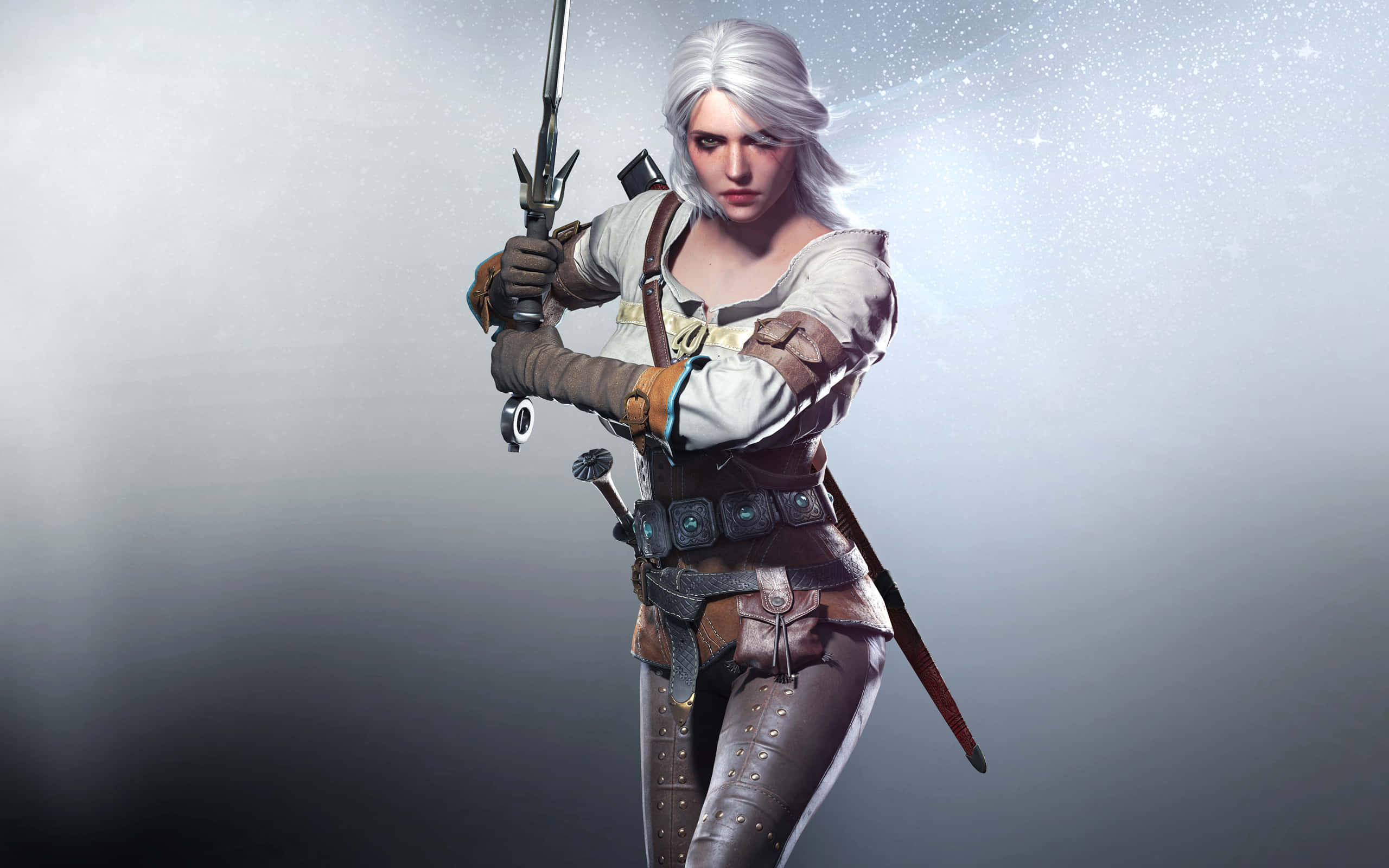 The Witcher 3 Wild Hunt 桌布 壁紙 — 一位白髮兇猛的戰士身穿皮甲，在星光灰色背景下握劍。