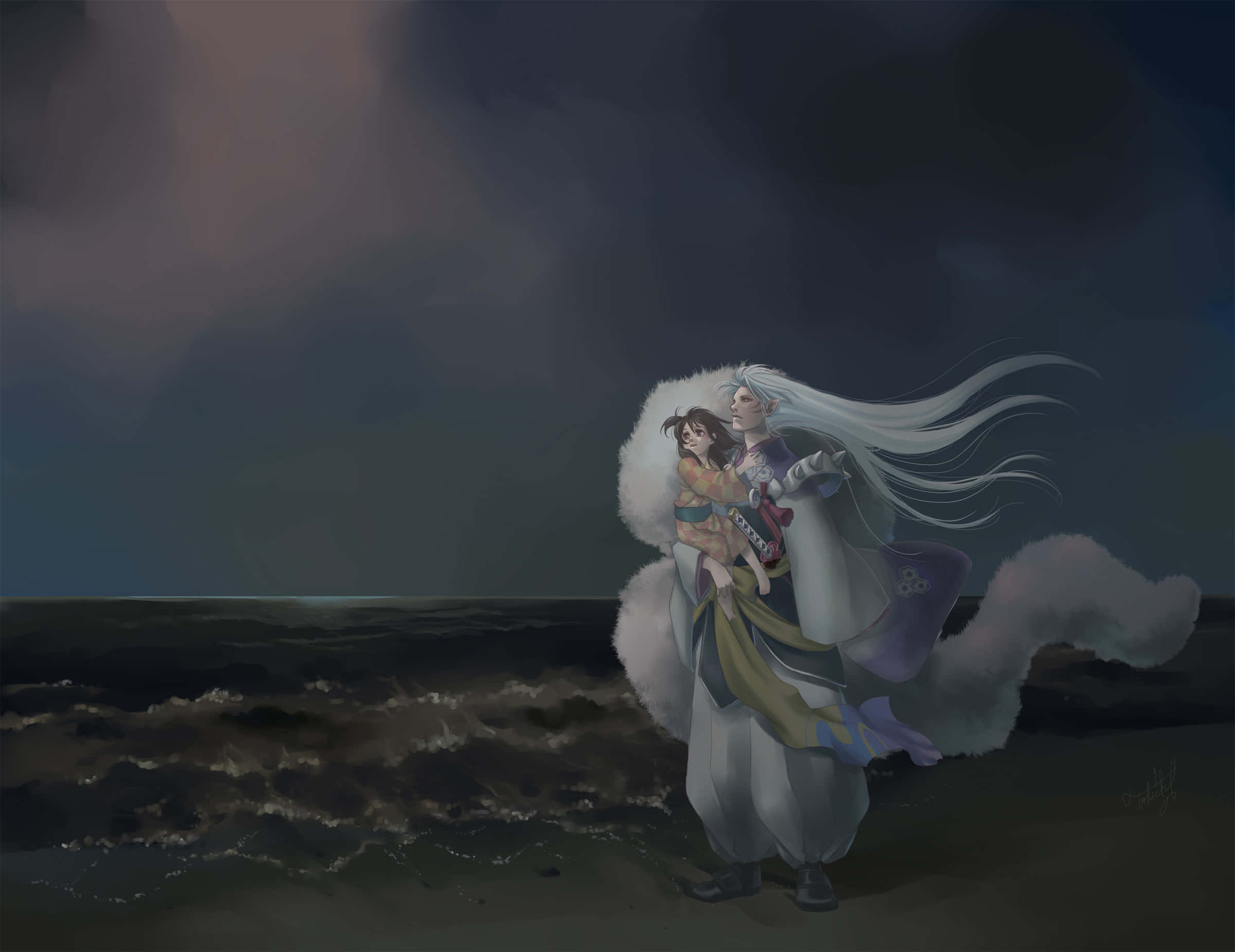Sesshomaru 桌布 壁紙 — 一位白髮動漫人物穿著飄逸長袍，在黑暗的暮色天空下，於波濤洶湧的大海中抱著一個孩子。