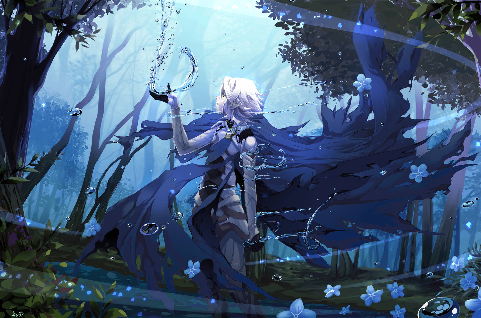 白髮藍斗篷的動漫角色在發光的森林中召喚水流。 — Fire Emblem Warriors 壁紙