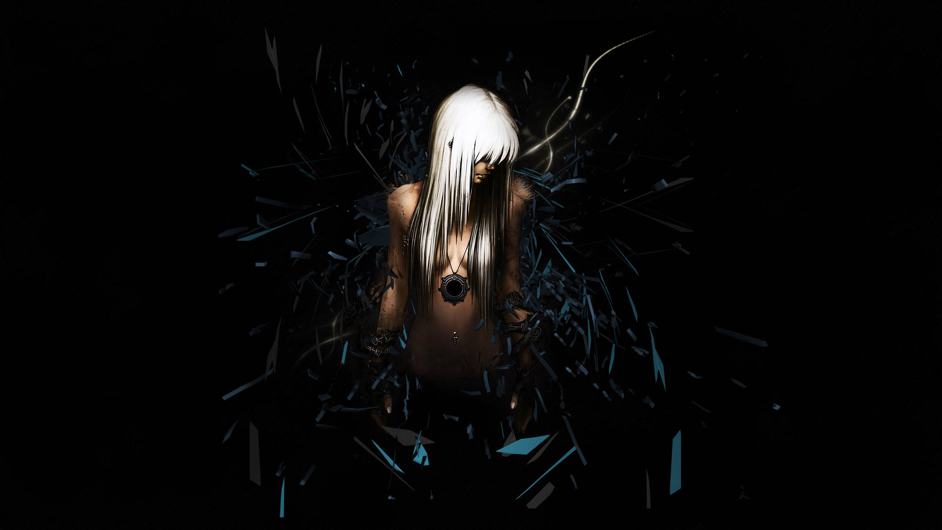 Creepy Anime 桌布 壁紙 — 一位白髮動漫女孩，眼睛發光，從破碎的玻璃中出現，背景是黑色虛空。
