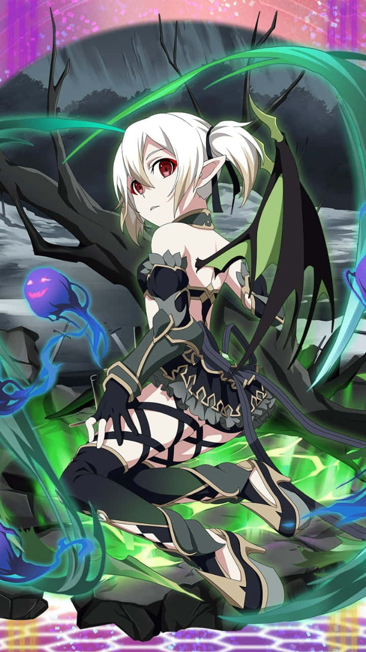 Sword Art Online Silica 桌布 壁紙 — 一位白髮動漫女孩，紅眼睛，黑翅膀，坐在黑暗暴風雨背景下旋轉的綠色和藍色魔法能量之中。
