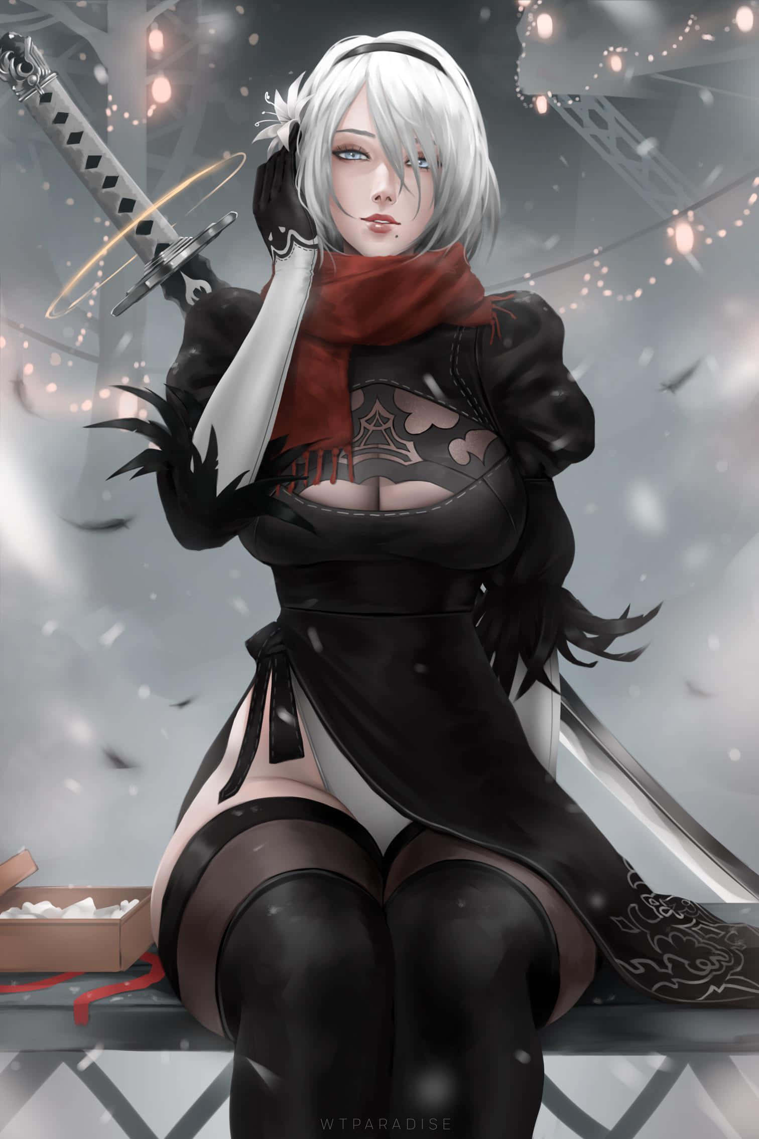 2B 桌布 壁紙 — 一位白髮動漫女孩，身穿黑色服裝和紅色圍巾，在雪花飄落中手持發光的劍。