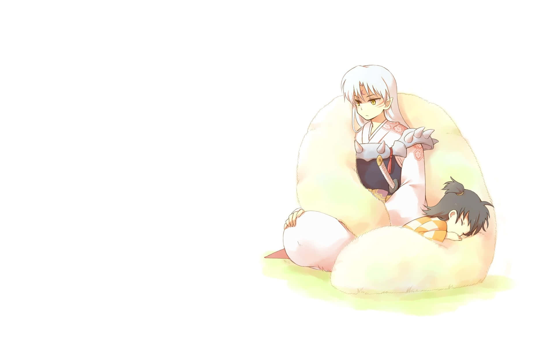 Inuyasha And Rin 桌布 壁紙 — 一位白髮動漫女孩穿著和服，保護性地坐在一個睡著的男孩旁邊，男孩躺在一個毛絨絨的豆袋椅上，背景是純白色。