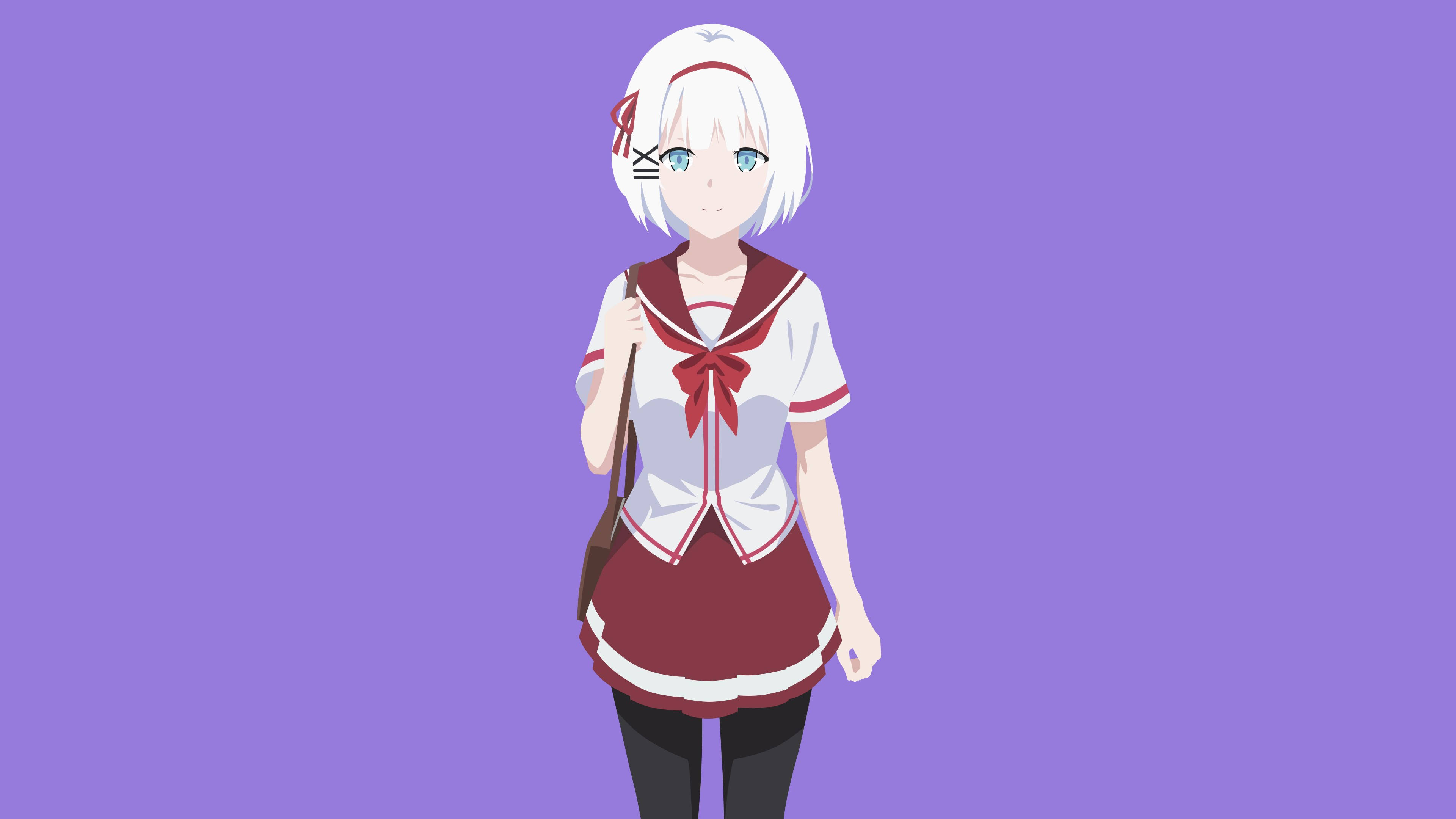 Siesta 桌布 壁紙 — 一位白髮動漫女孩穿著紅白水手服，站在純紫色背景前。