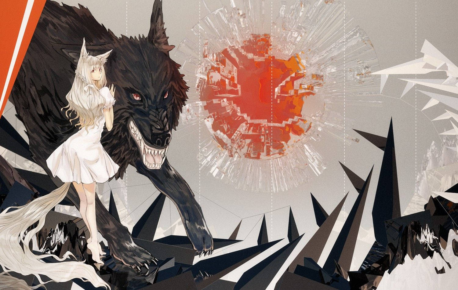Wolf Girl 桌布 壁紙 — 一位白髮動漫女孩站在一隻巨大的黑狼旁邊，背景是破碎的橙色太陽和鋸齒狀的幾何景觀。