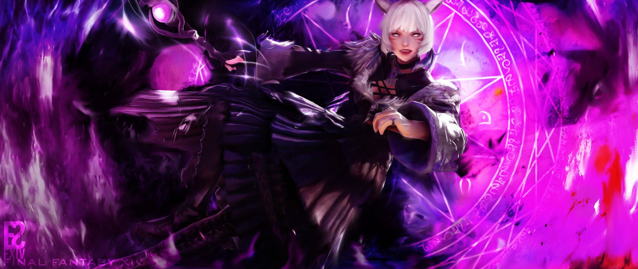 Ff14 桌布 壁紙 — 一位白髮動漫女巫穿著深色長袍，在神秘的五角星內施展發光的紫色咒語。