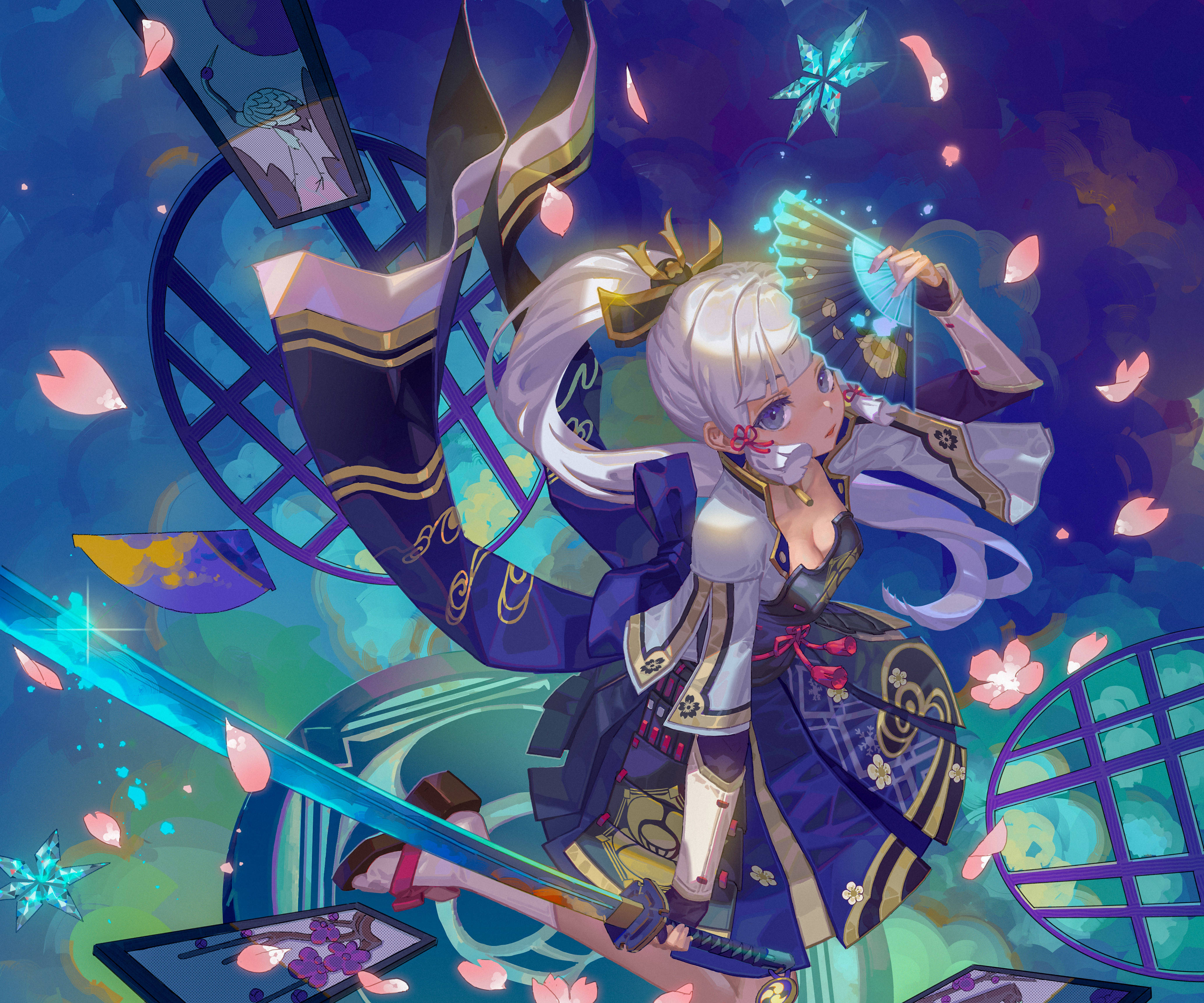 電玩遊戲 桌布 壁紙 — 一位白髮動漫少女穿著華麗的藍色和金色服裝，在飄浮的櫻花和星形水晶中揮舞著發光的劍。