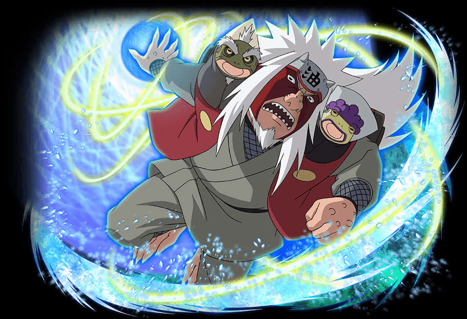 Jiraiya 4K 桌布 壁紙 — 一位白髮動漫忍者與兩隻青蛙召喚物釋放出旋轉的藍色和黃色能量攻擊。