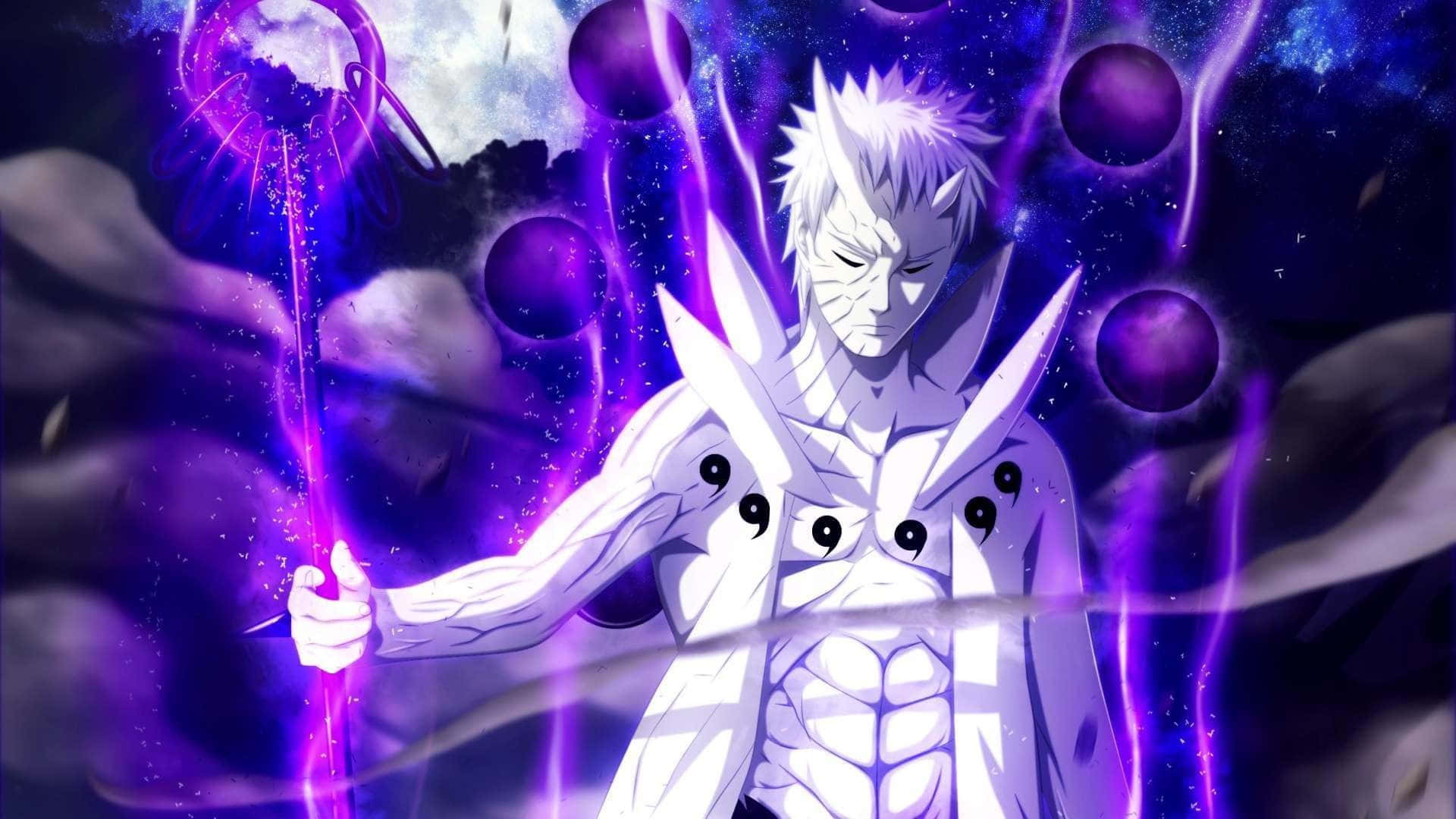 Purple Anime 桌布 壁紙 — 一位白髮動漫戰士在繁星點點的黑暗天空中，揮舞著發光的紫色法杖，周圍環繞著漂浮的球體和宇宙能量。