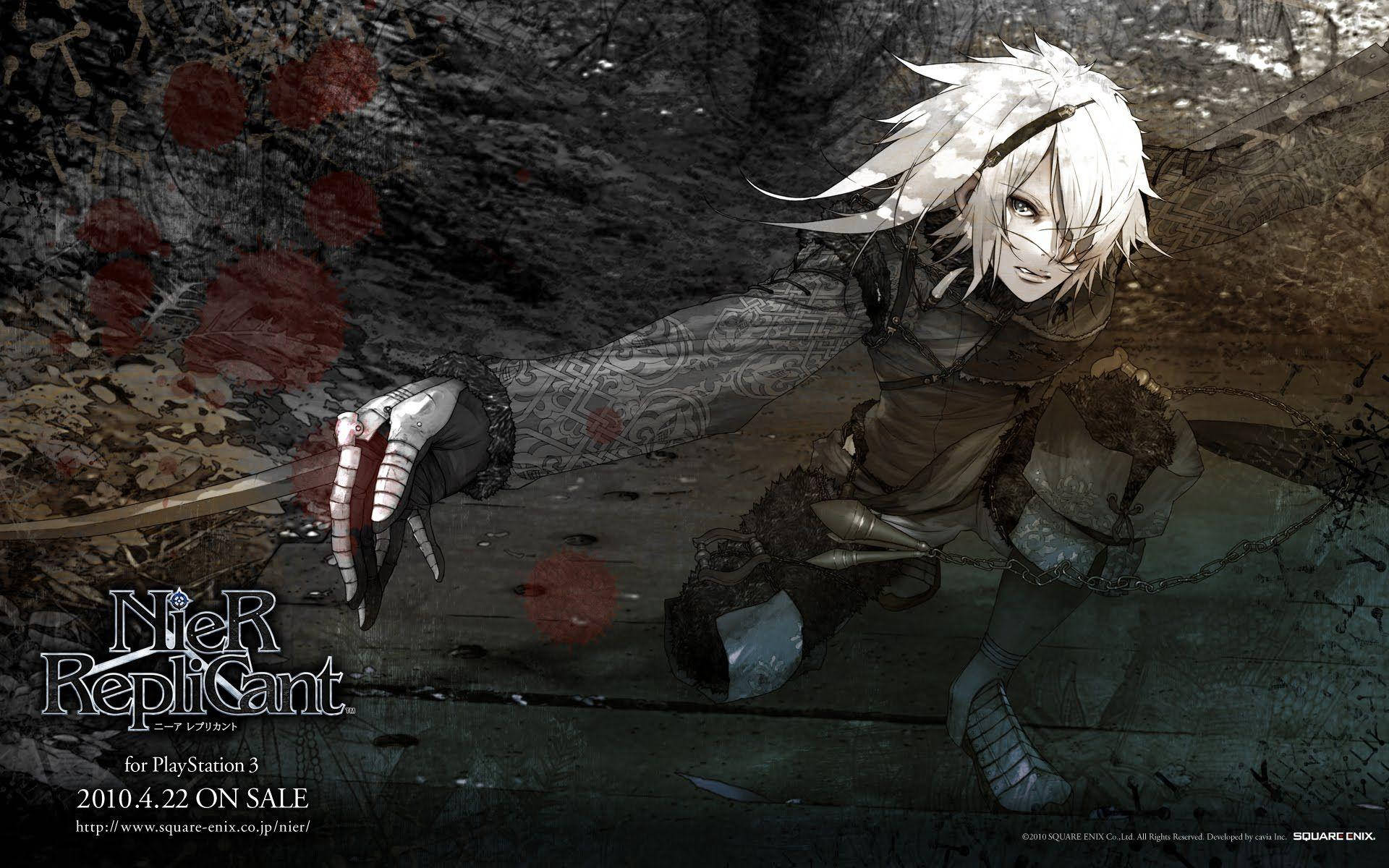 Nier 桌布 壁紙 — 一位白髮動漫戰士手持劍和血跡蹲在黑暗森林中。