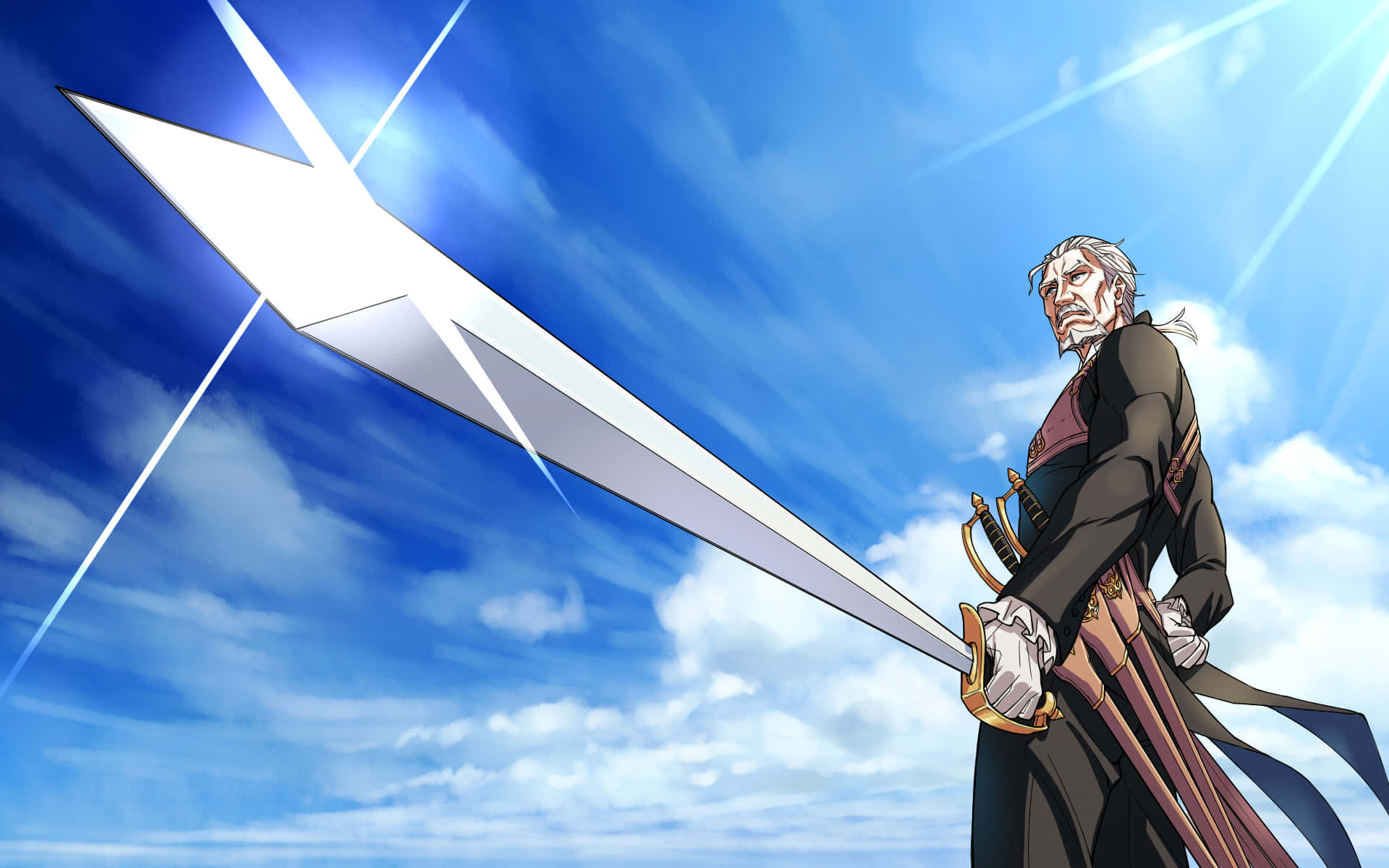 動漫戰士在藍天下、明亮陽光中手持巨大發光劍。 — King Von 壁紙
