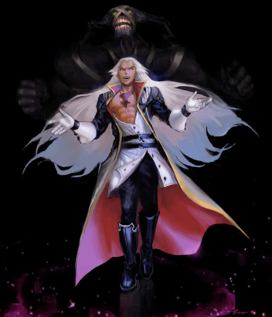 Ansem Seeker Of Darkness 桌布 壁紙 — 一位白髮動漫戰士披著飄逸的斗篷，在黑暗的宇宙背景下，挑釁地站在一個逼近的怪物陰影前。