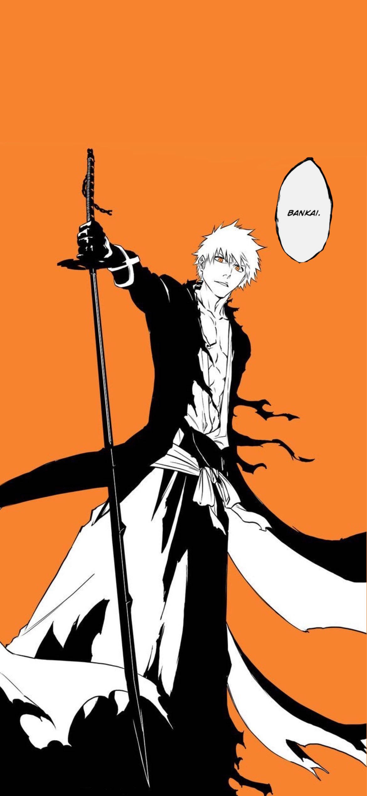 Bleach iPhone 桌布 壁紙 — 一位白髮動漫戰士穿著黑白服裝，在純橙色背景上舉劍，並有一個寫著「BANKAI」的對話氣泡。