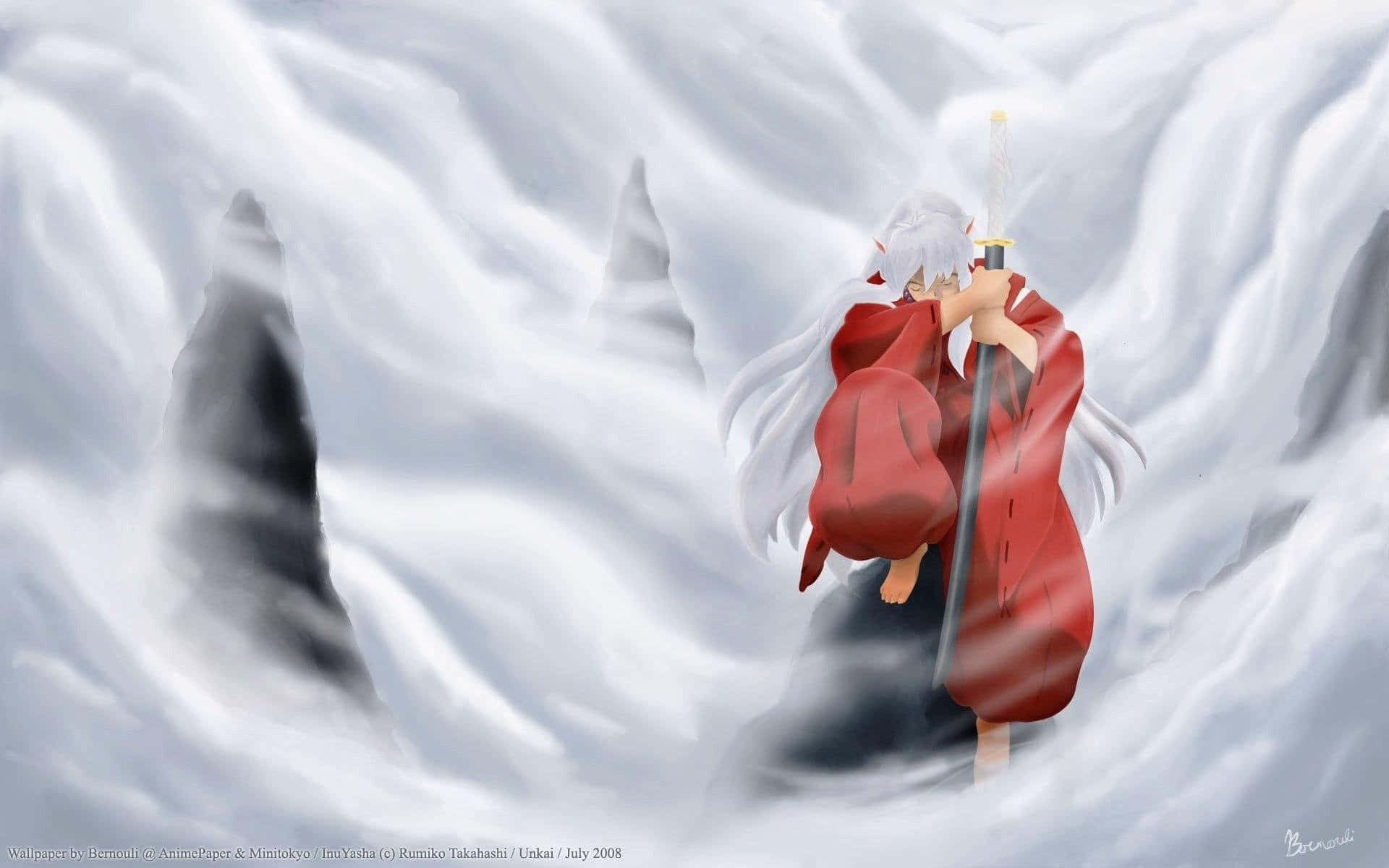 Inuyasha Kanna 桌布 壁紙 — 一位白髮動漫戰士身穿紅色長袍，在旋轉的雪花和鋸齒狀的黑暗山峰中持劍而立。