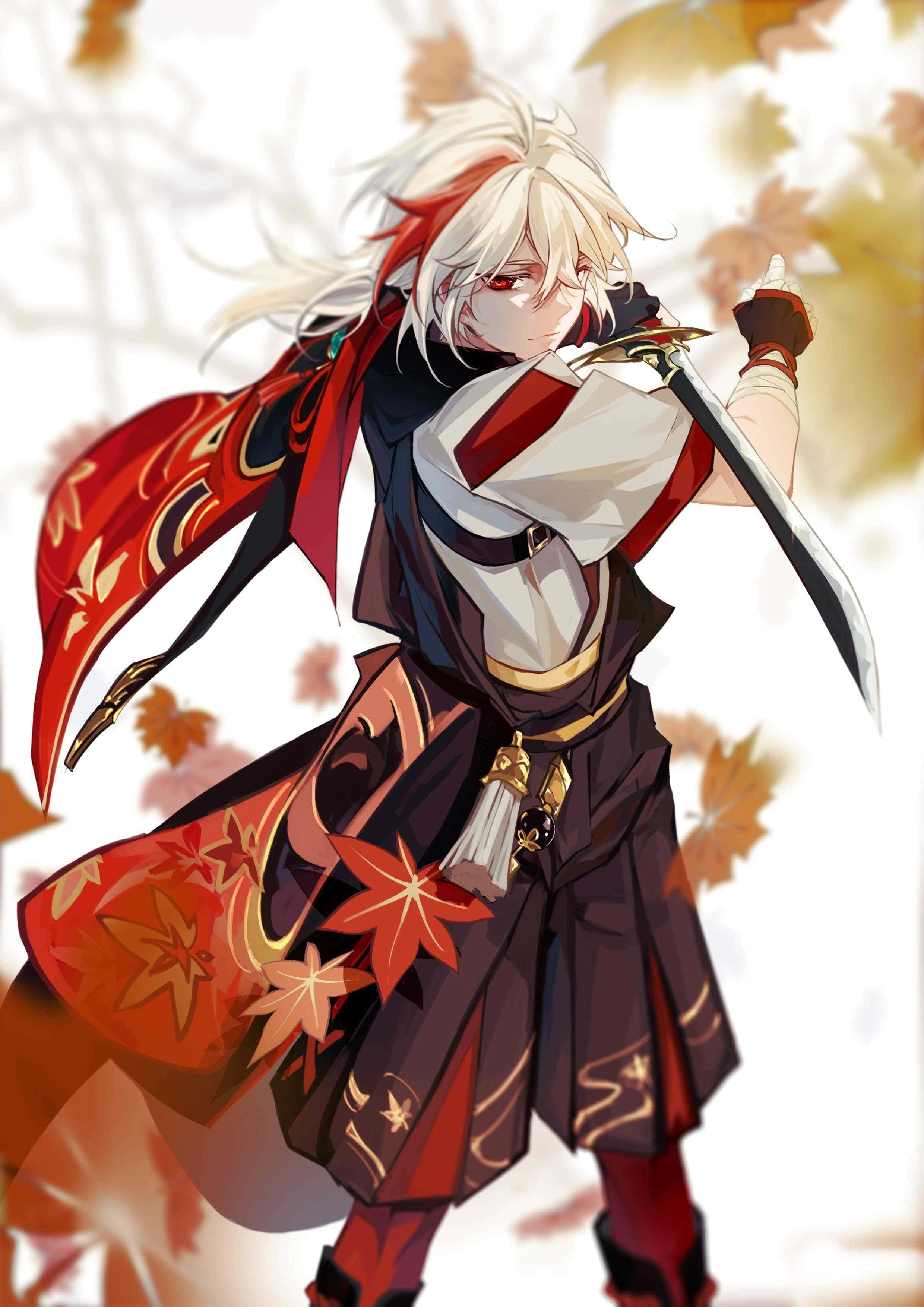 video games 桌布 壁紙 — 一位白髮動漫戰士身穿紅黑武士服，在飄落的秋葉中揮舞著劍。