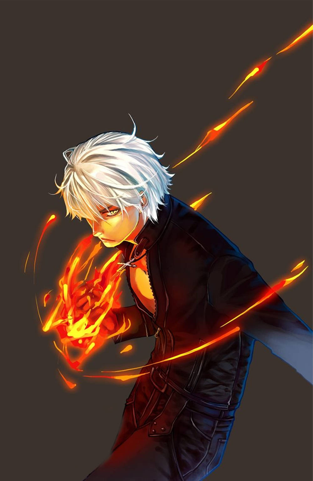 白髮和黑色外套的動漫角色引導火焰能量。 — Fire Emblem Warriors 壁紙