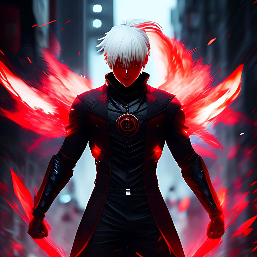 Urban Fantasy 桌布 壁紙 — 一位白髮動漫戰士身穿黑色盔甲，在霓虹燈閃爍的城市景觀中展開發光的紅色翅膀。