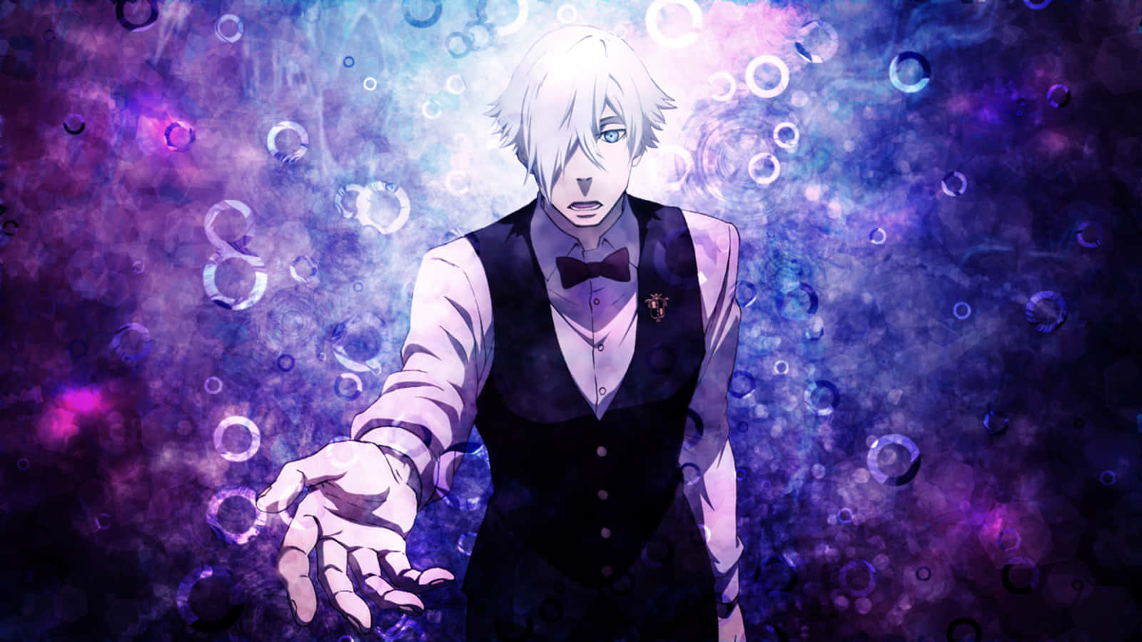 Death Parade 桌布 壁紙 — 一位白髮動漫男子穿著正式背心，在充滿旋轉紫色和藍色氣泡的背景中伸出手。