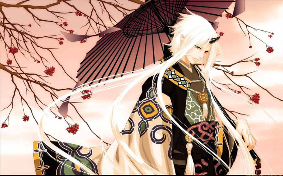 demon boy anime 桌布 壁紙 — 一位白髮動漫角色身穿華麗傳統長袍，在櫻花枝下撐著黑色雨傘，背景是柔和的粉紅色天空。