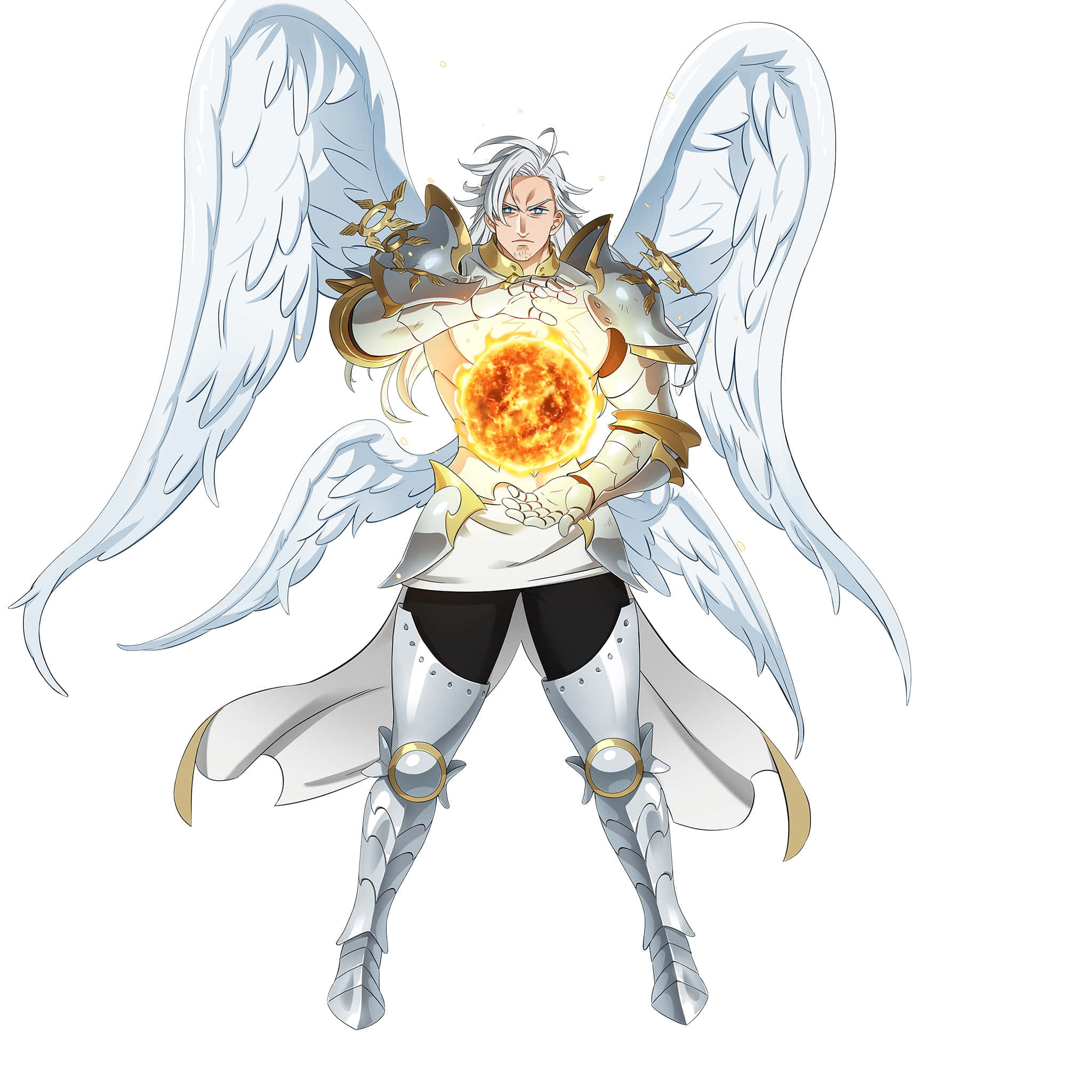 Seven Deadly Sins Mael 桌布 壁紙 — 一位白髮天使戰士身穿銀色盔甲，手持燃燒的太陽球體，巨大的羽毛翅膀展開。