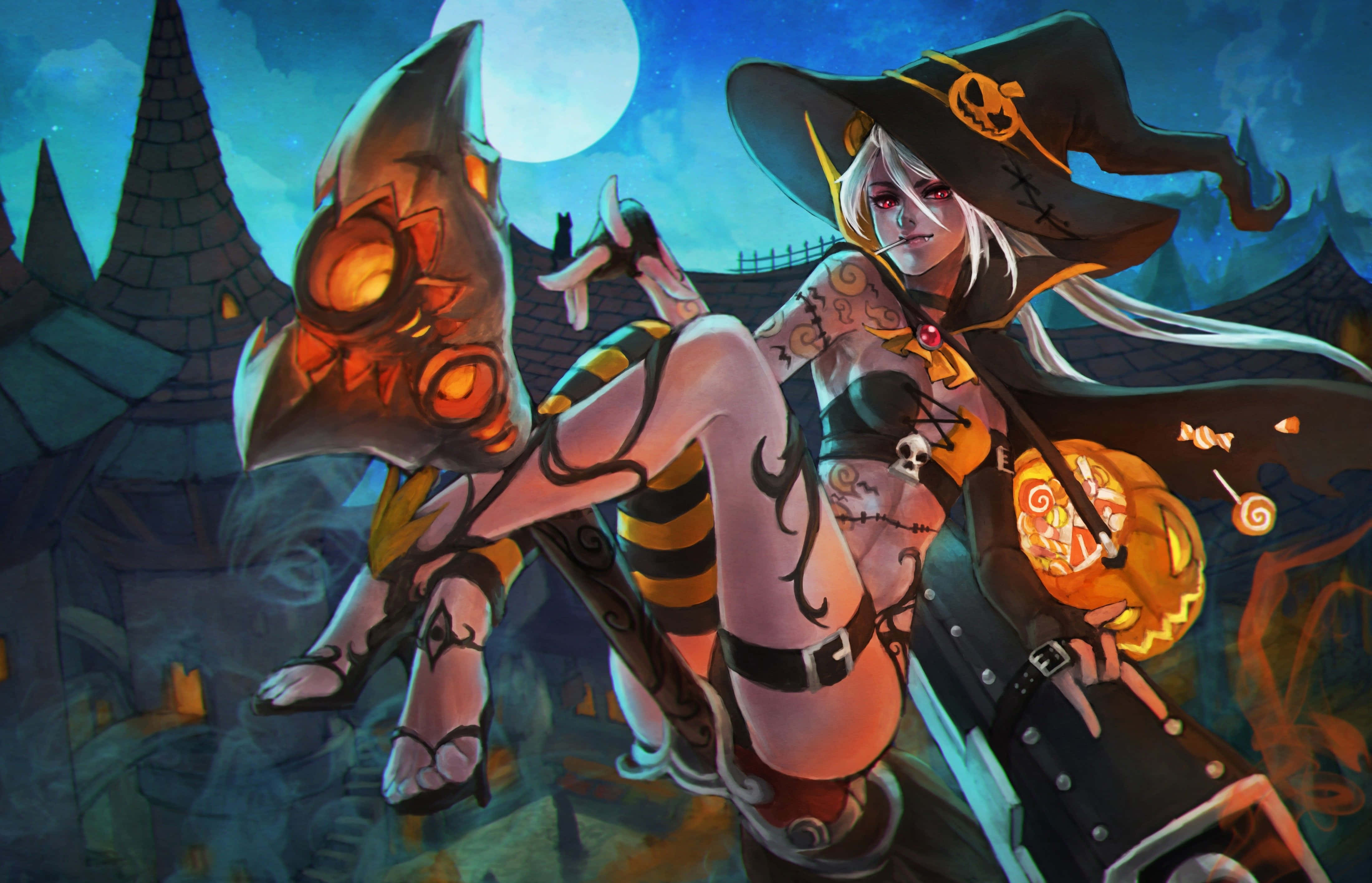 Jinx 桌布 壁紙 — 一位白髮女巫戴著南瓜燈帽，在滿月下躺在一隻發光的南瓜頭生物身上。