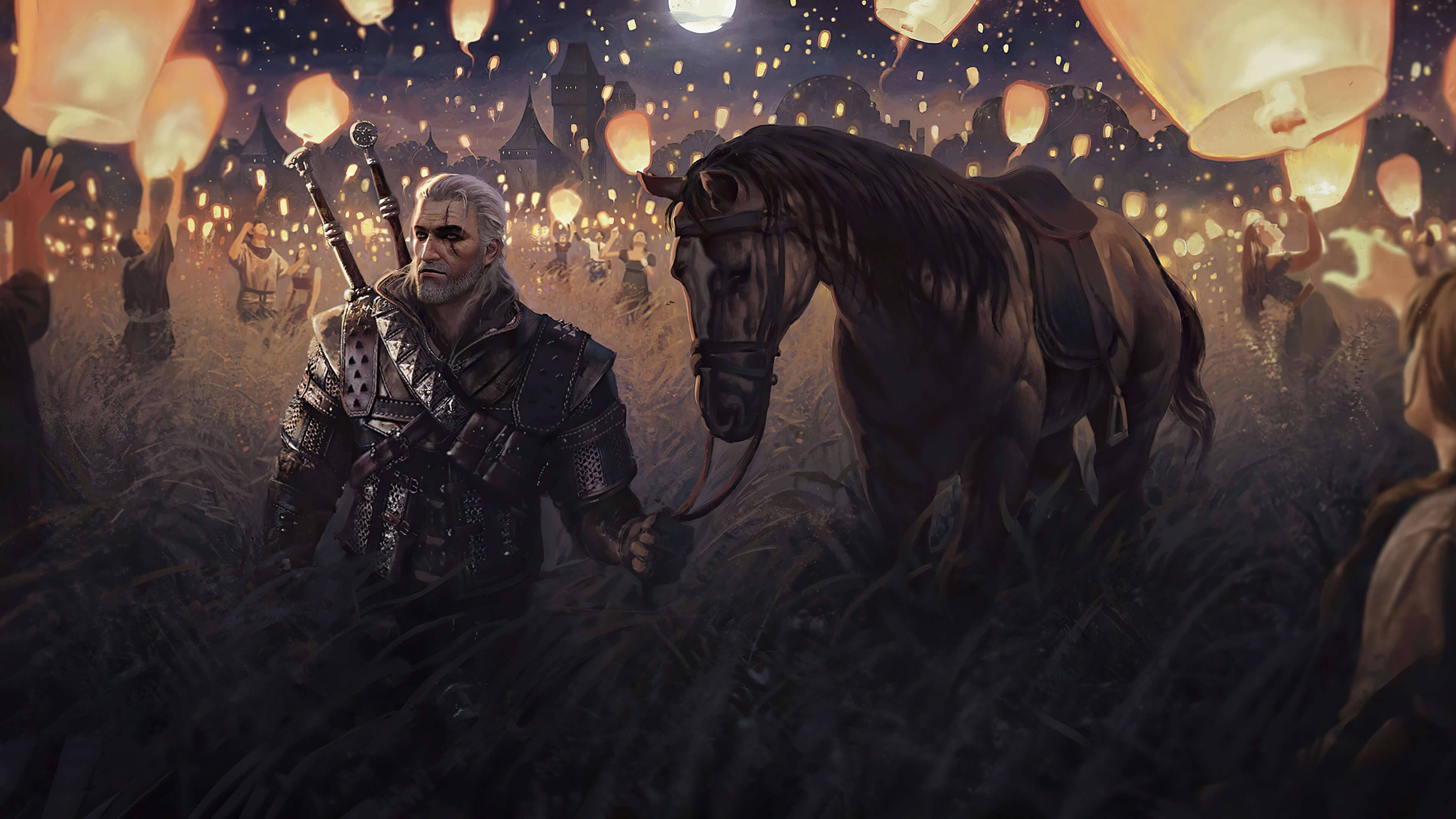 witcher 4K 桌布 壁紙 — 一位白髮孤獨的戰士和一匹馬在充滿發光燈籠和滿月的天空下穿過高草。