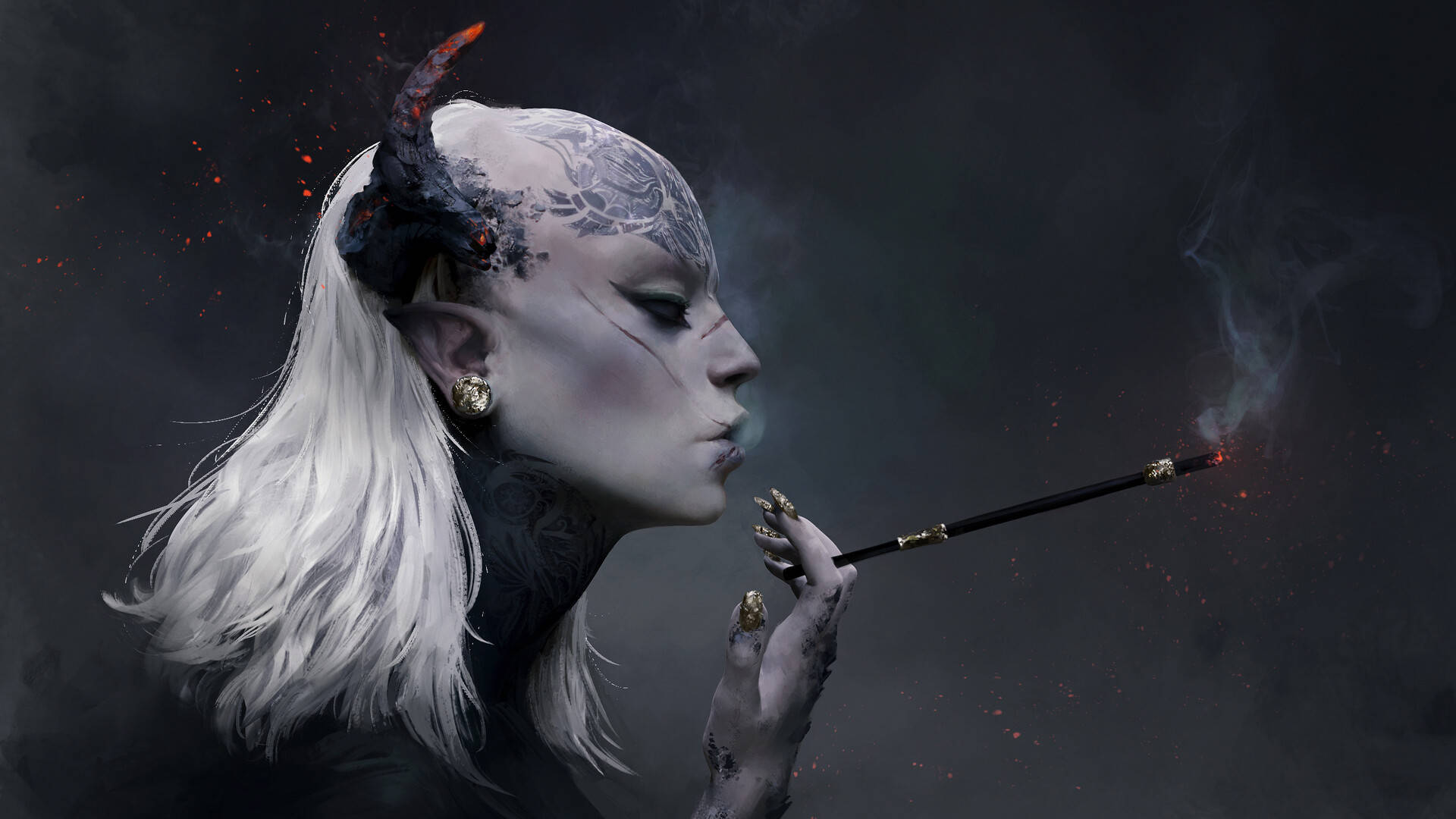 Smoking 桌布 壁紙 — 一位白髮惡魔角的黑暗奇幻女性在煙霧繚繞的灰色背景下抽煙斗。