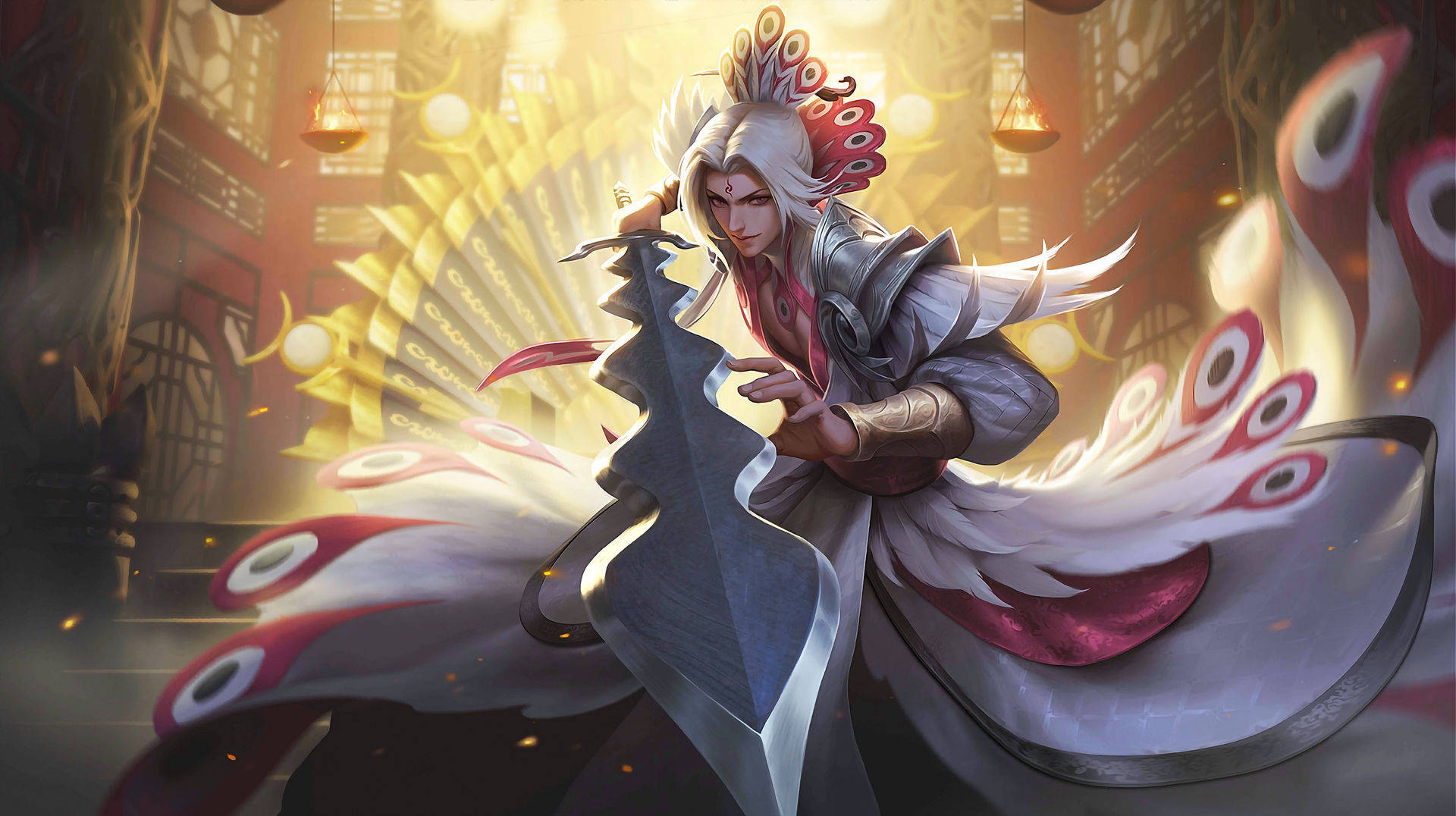 Mobile Legends 動態圖 桌布 壁紙 — 一位白髮戰士，擁有華麗的紅白翅膀，在金色奇幻城市景觀中揮舞著發光的劍。