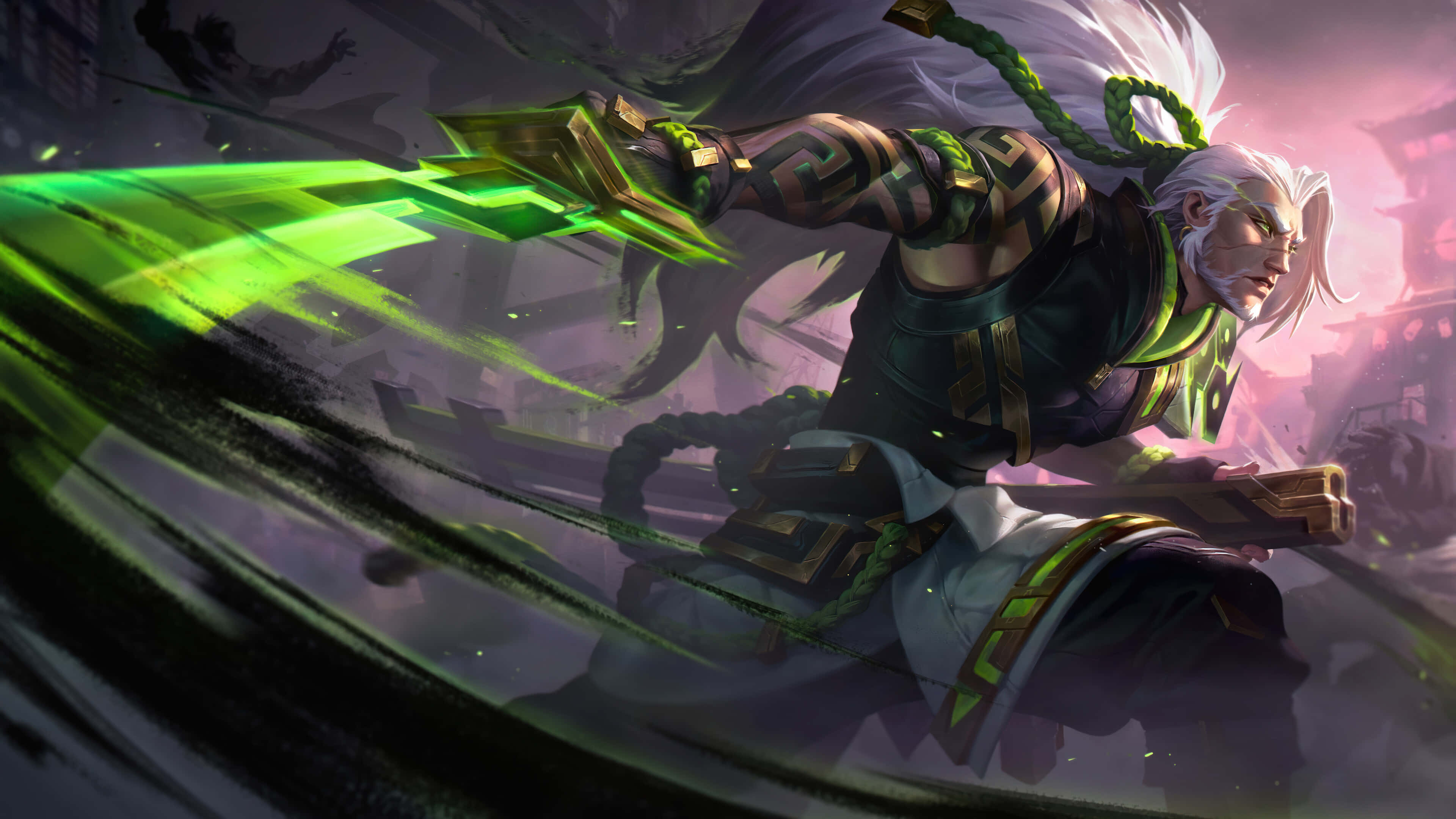 League Of Legends Champions 桌布 壁紙 — 一位白髮戰士在深紫色戰場上揮舞著發光的綠色劍。