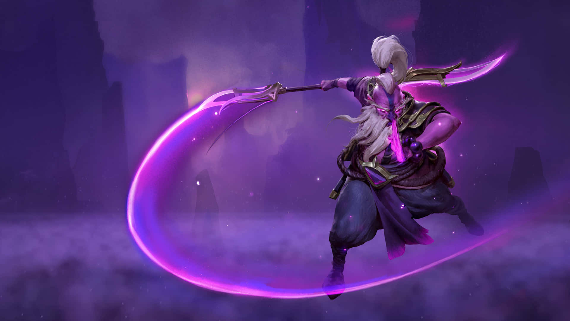 動漫戰士在神秘的紫色洞穴中揮舞發光的紫色鐮刀。 — 電玩遊戲 GIF 壁紙