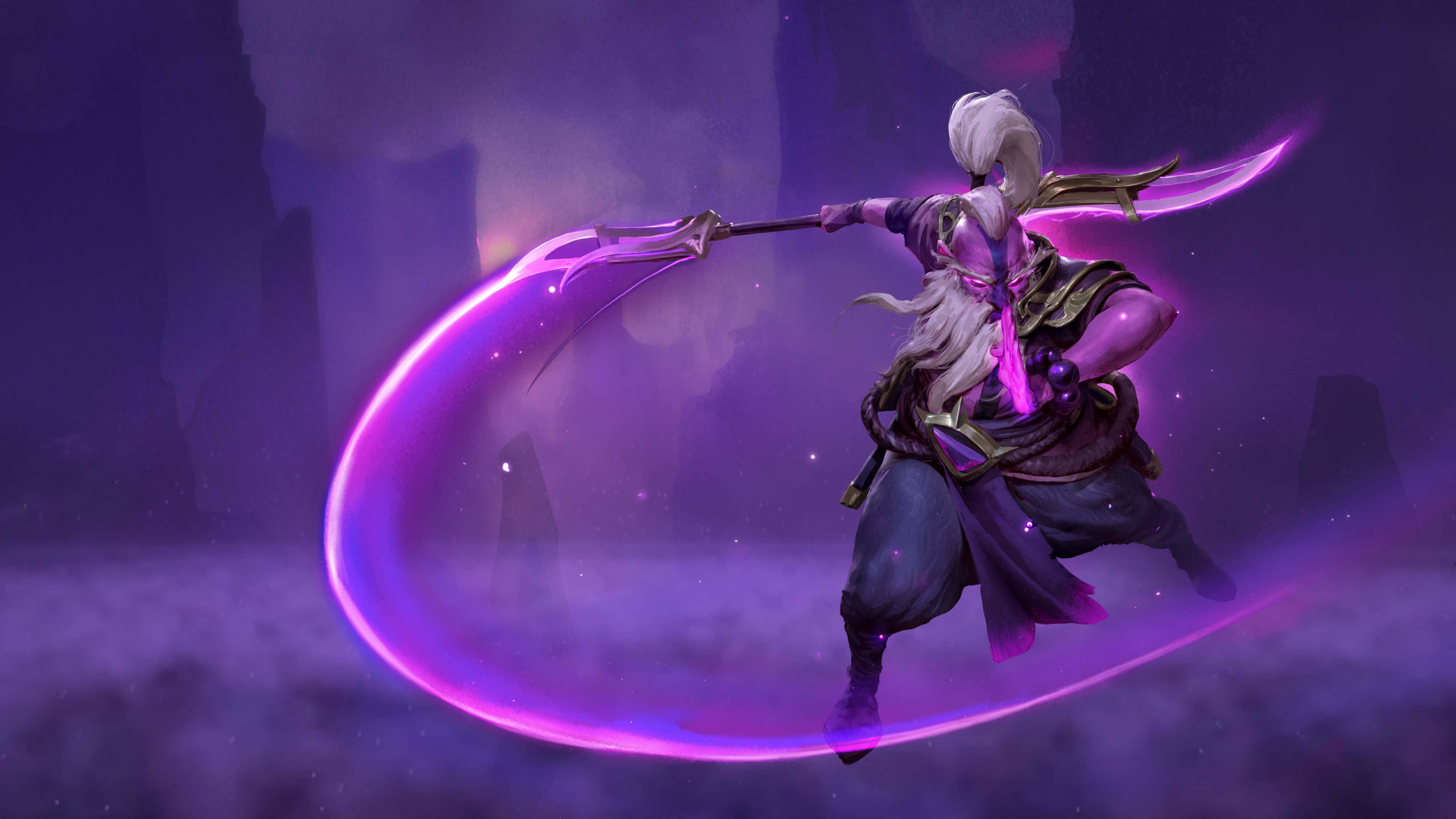 Faceless Void 桌布 壁紙 — 一位白髮戰士在迷霧紫洞中揮舞發光紫色鐮刀。