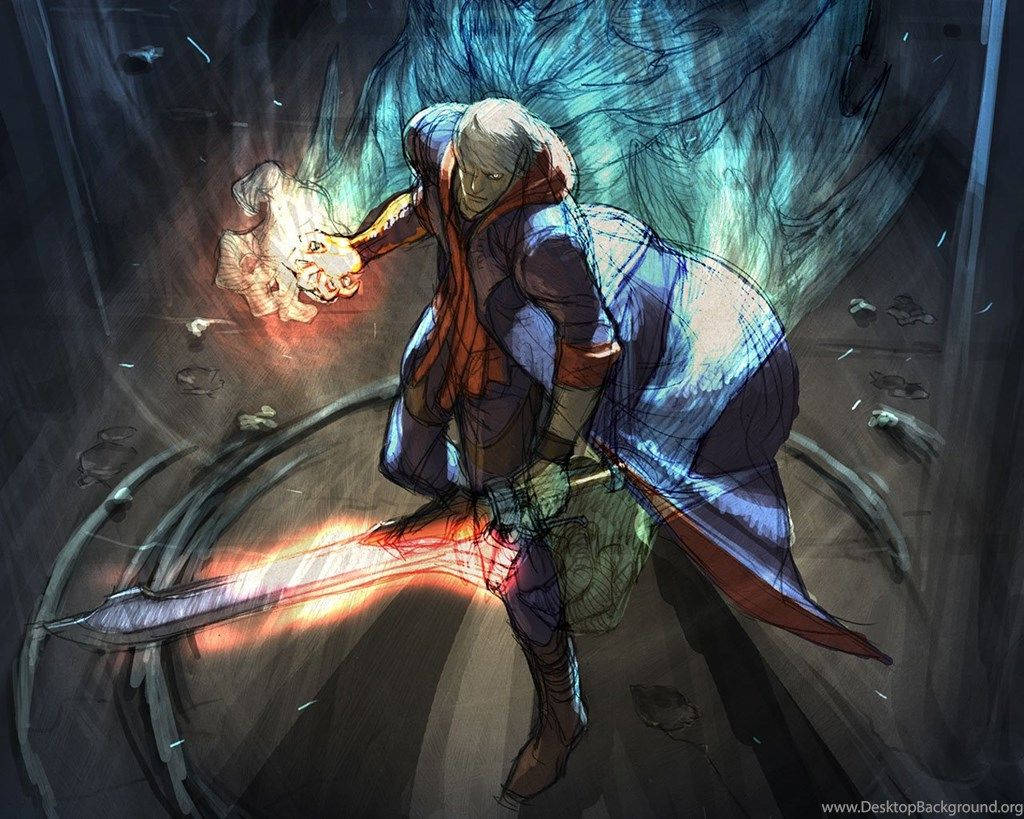 惡魔獵人 桌布 壁紙 — 一位白髮戰士在黑暗、素描風格的奇幻戰鬥場景中揮舞著發光的劍和火球。