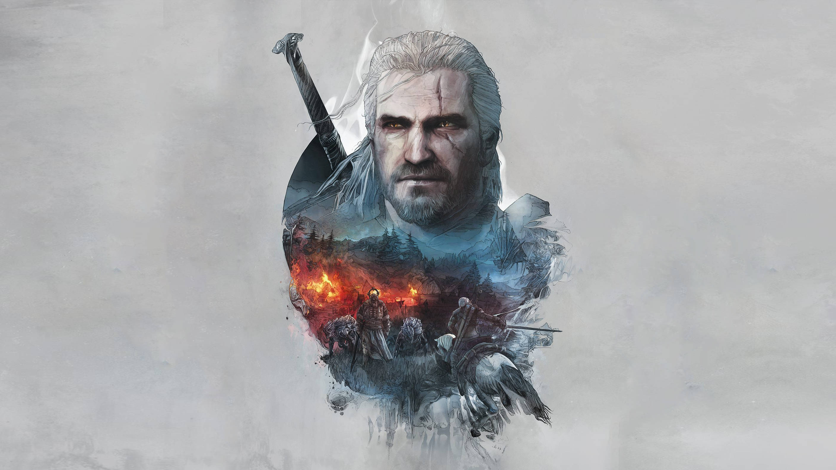 The Witcher 3 桌布 壁紙 — 一位白髮戰士手持劍，凝視前方，熾熱的戰鬥場景融入他的剪影，背景為柔和的灰色。