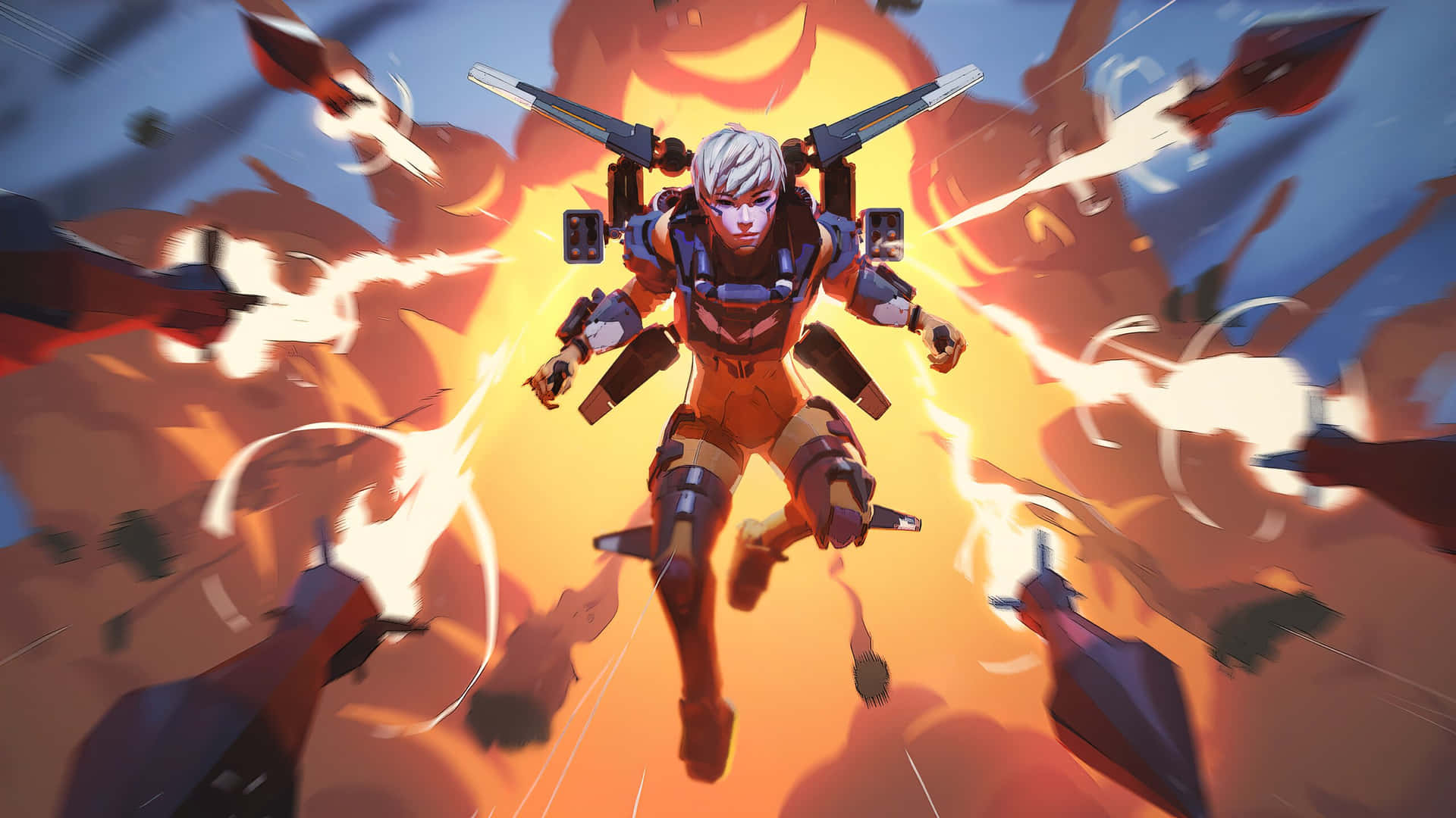 一位身穿橙色盔甲的未來戰士飛過熾熱的爆炸。 — Apex 英雄 GIF 壁紙