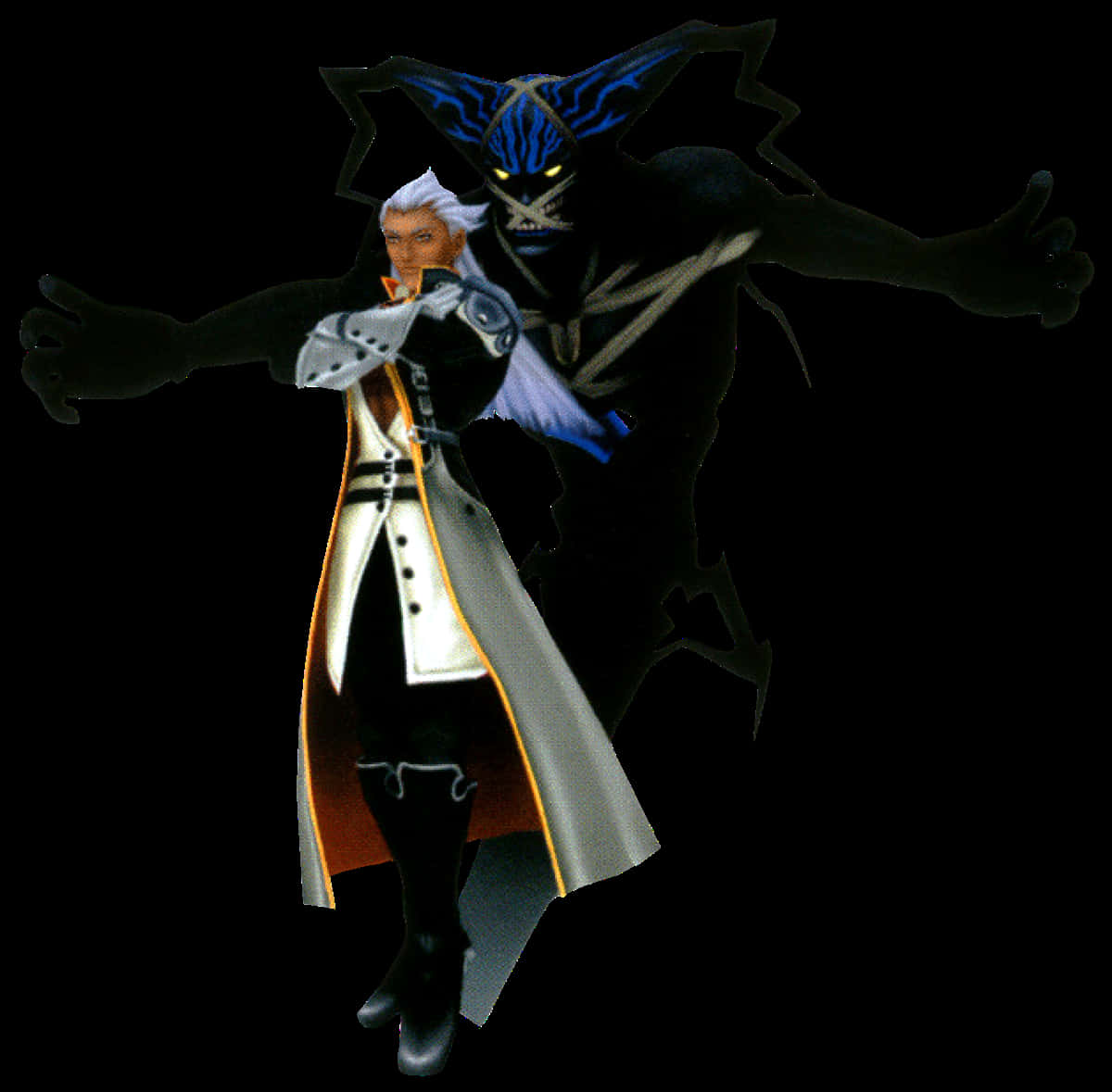 Ansem Seeker Of Darkness 桌布 壁紙 — 一位白髮戰士身穿白色外套，站在一個帶有發光眼睛的威脅性藍黑色陰影生物面前，背景為黑色。