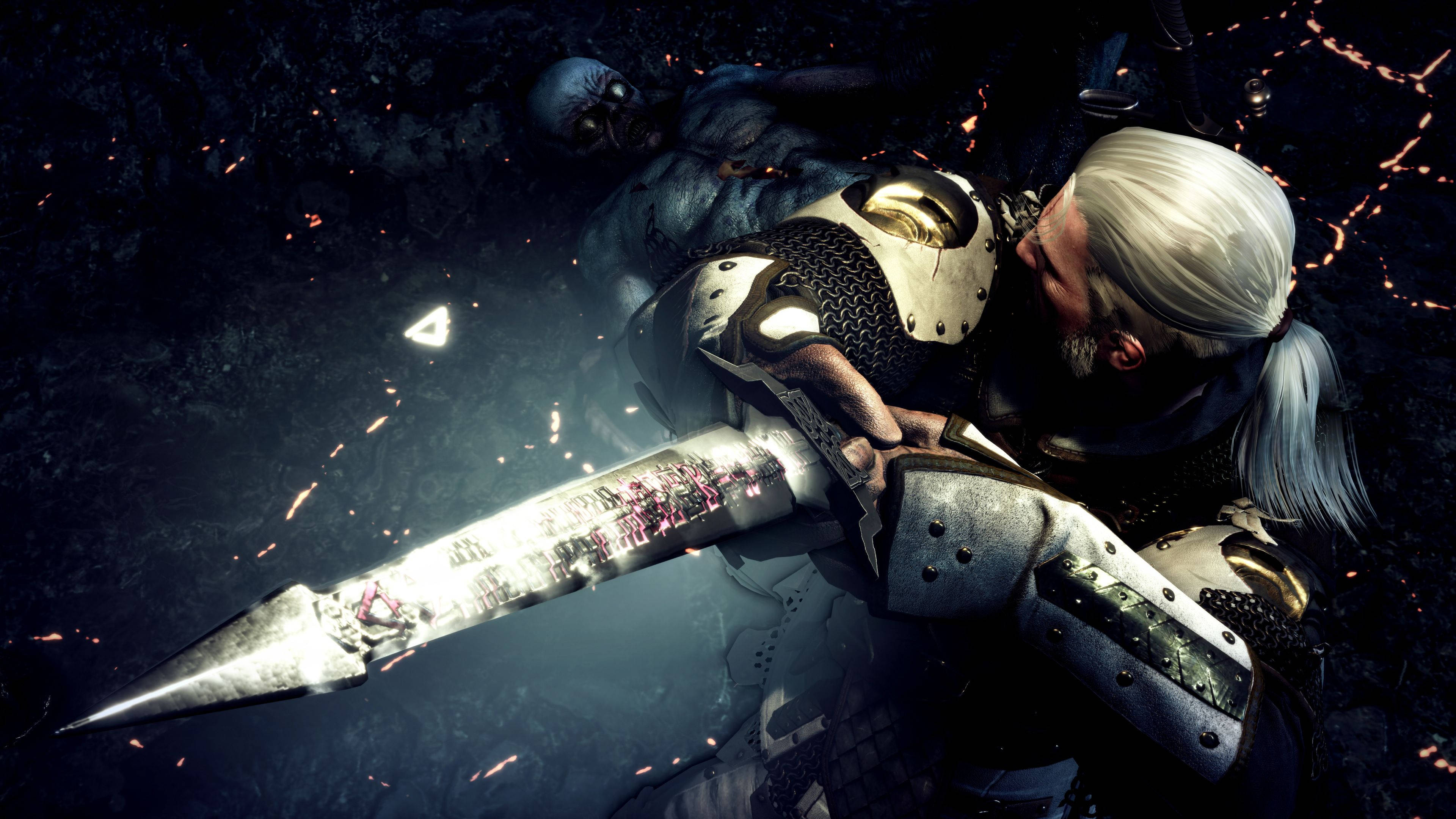 witcher 4K 桌布 壁紙 — 一位白髮戰士身穿精細盔甲，在黑暗殘酷的戰鬥場景中，握著一把血淋淋的劍，站在倒下的敵人上方。