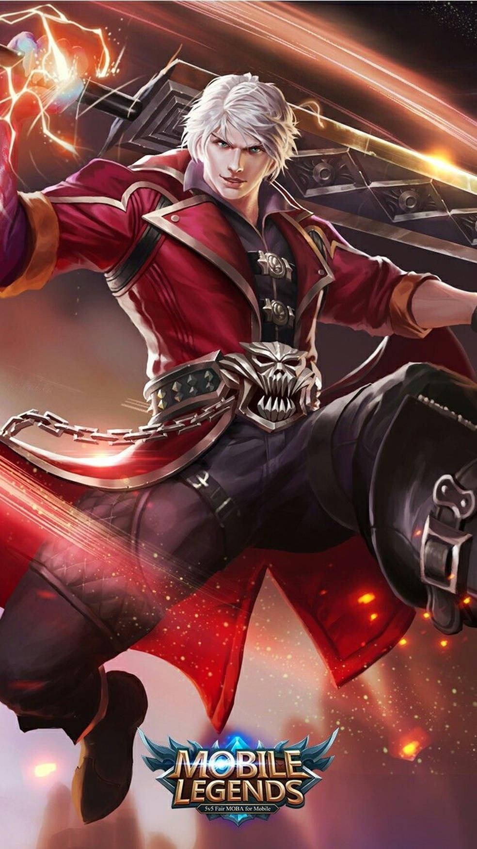 Mobile Legends 動態圖 桌布 壁紙 — 一位白髮戰士身穿紅色盔甲，手中閃爍著雷電能量，在熾熱的宇宙背景下動態跳躍。