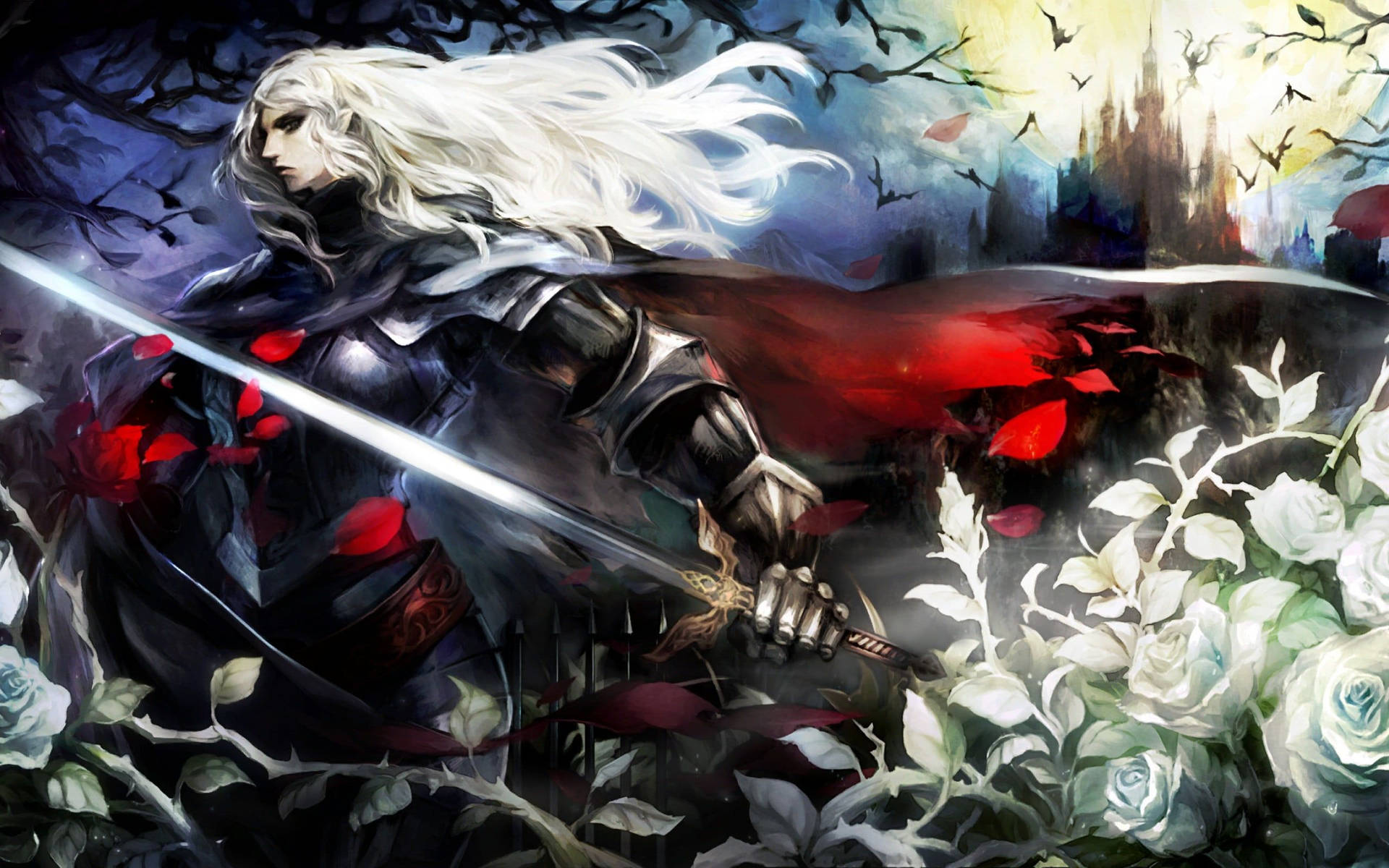Mobile Legends 動態圖 桌布 壁紙 — 一位白髮戰士身穿黑色盔甲，在月光下的城堡剪影中，於白玫瑰和紅色花瓣之間揮舞著發光的劍。