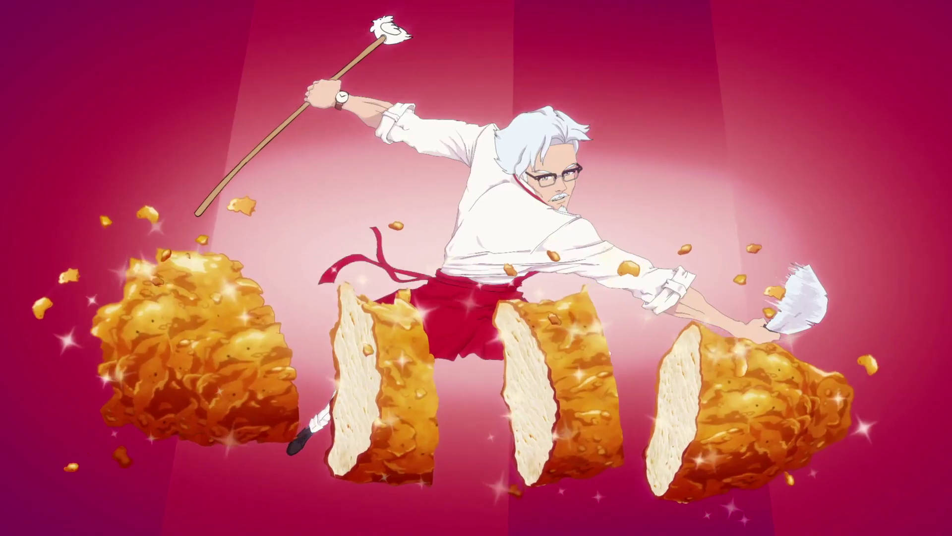 Kfc 桌布 壁紙 — 一位白髮戴眼鏡的動漫廚師，在充滿活力的洋紅色背景前，用棍子切開巨大的金黃色炸雞塊。